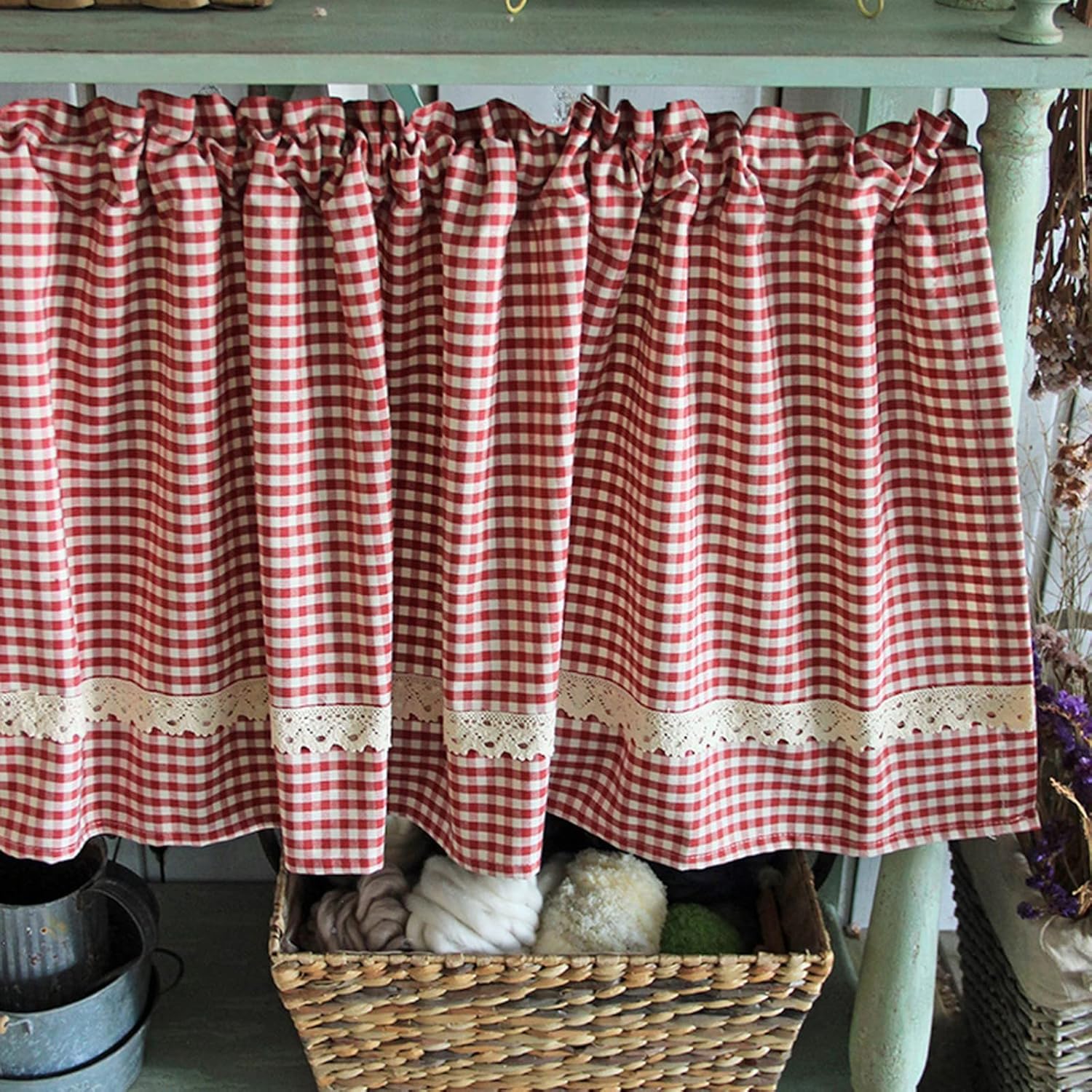 A.Monamour Cotton Red White Plaid Check Lace Rural Farmhouse Half Short Checked Gingham Kitchen Curtain Window Treatment Valance for Small Window Café Bistro