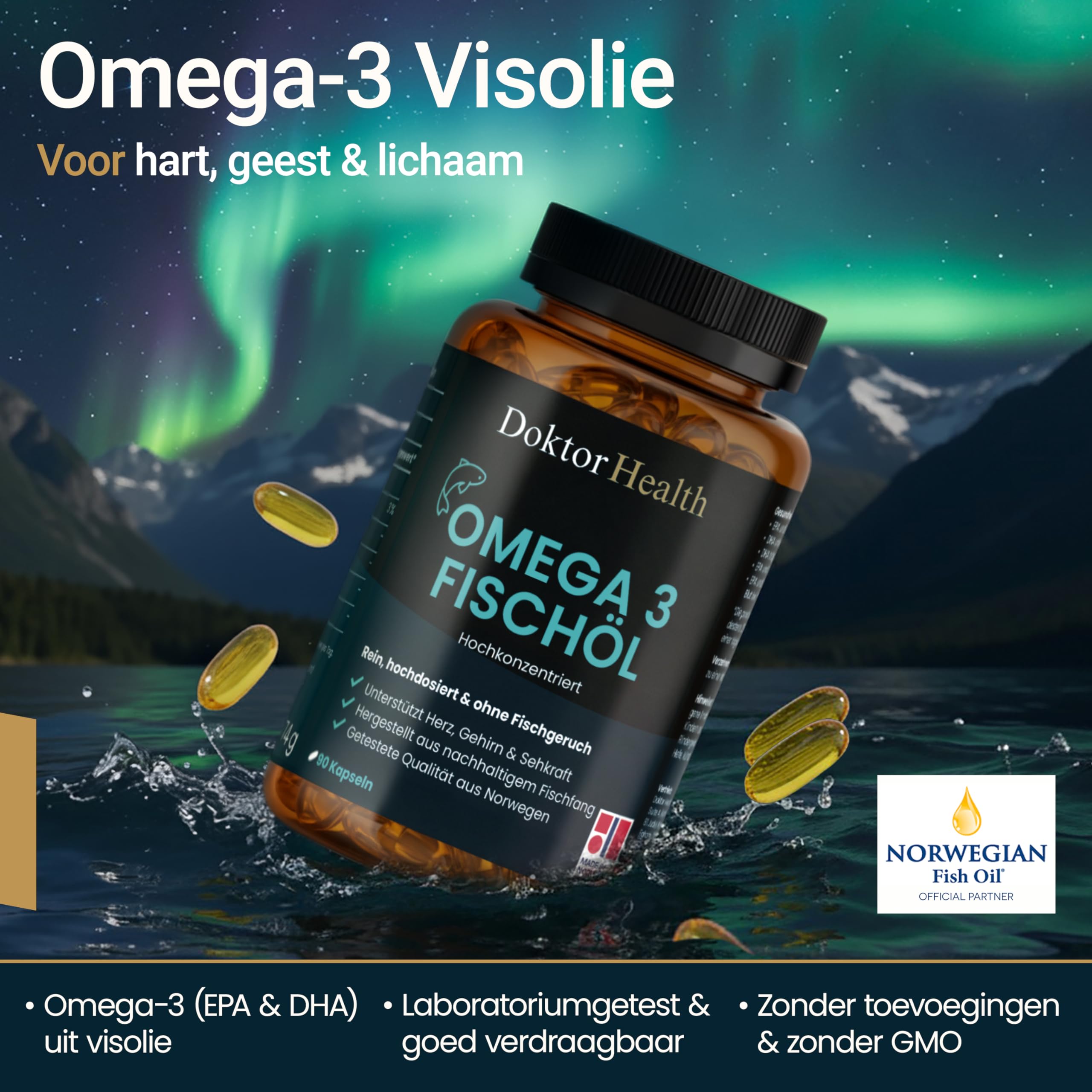 Omega-3 Huile de Poisson 2000mg - Hautement Dosé DHA & EPA - Sans Odeur de Poisson - 90 Capsules Softgel - Testé en Laboratoire - Soutient Cœur, Cerveau & Yeux