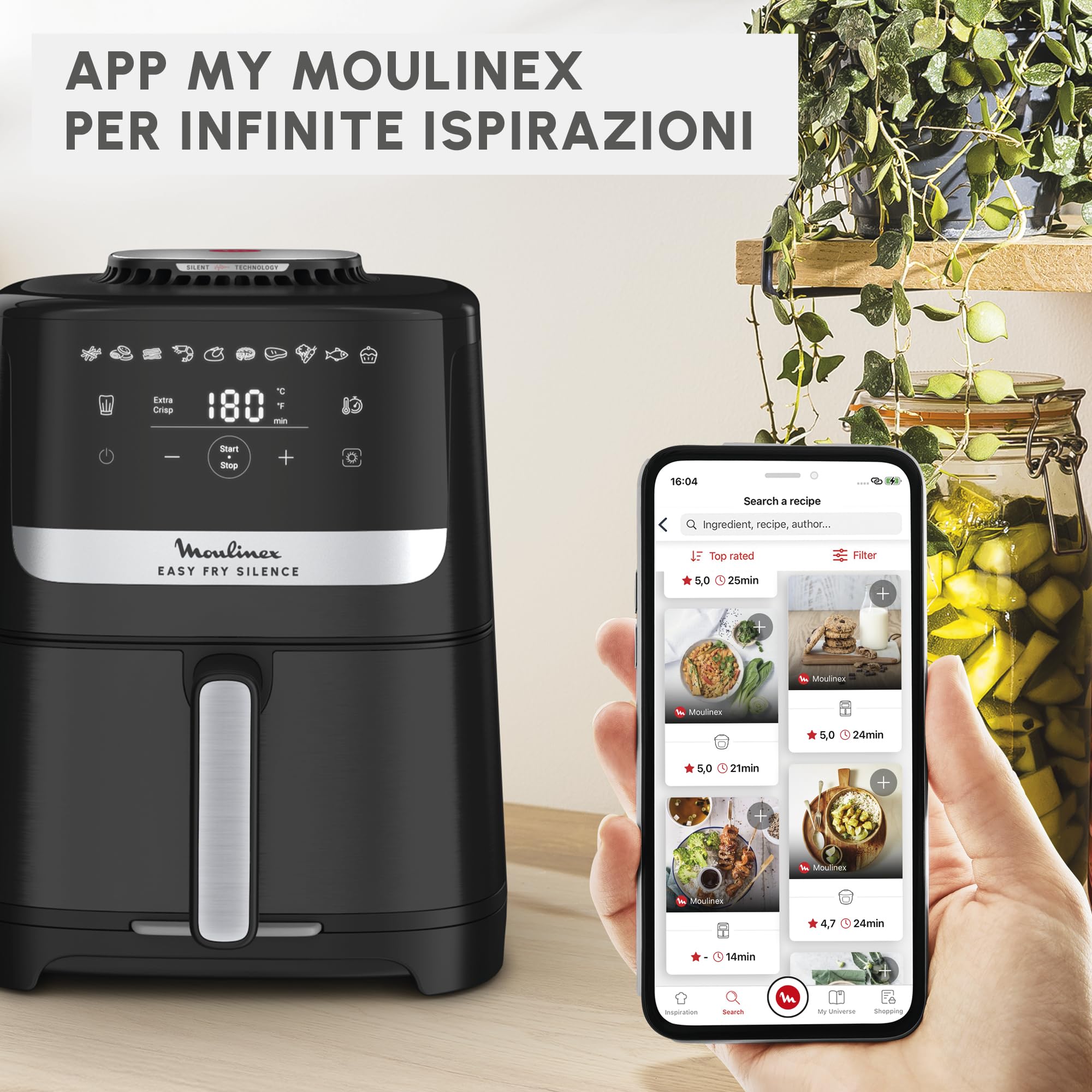 Moulinex Easy Fry Silence, Friggitrice ad Aria Silenziosa 5L/1.5kg per 6 Persone, 1670W, Sistema Easy Clean & Store, 10 Programmi, Touchscreen, Cestello Lavabile in Lavastoviglie, Nera, EZ5528