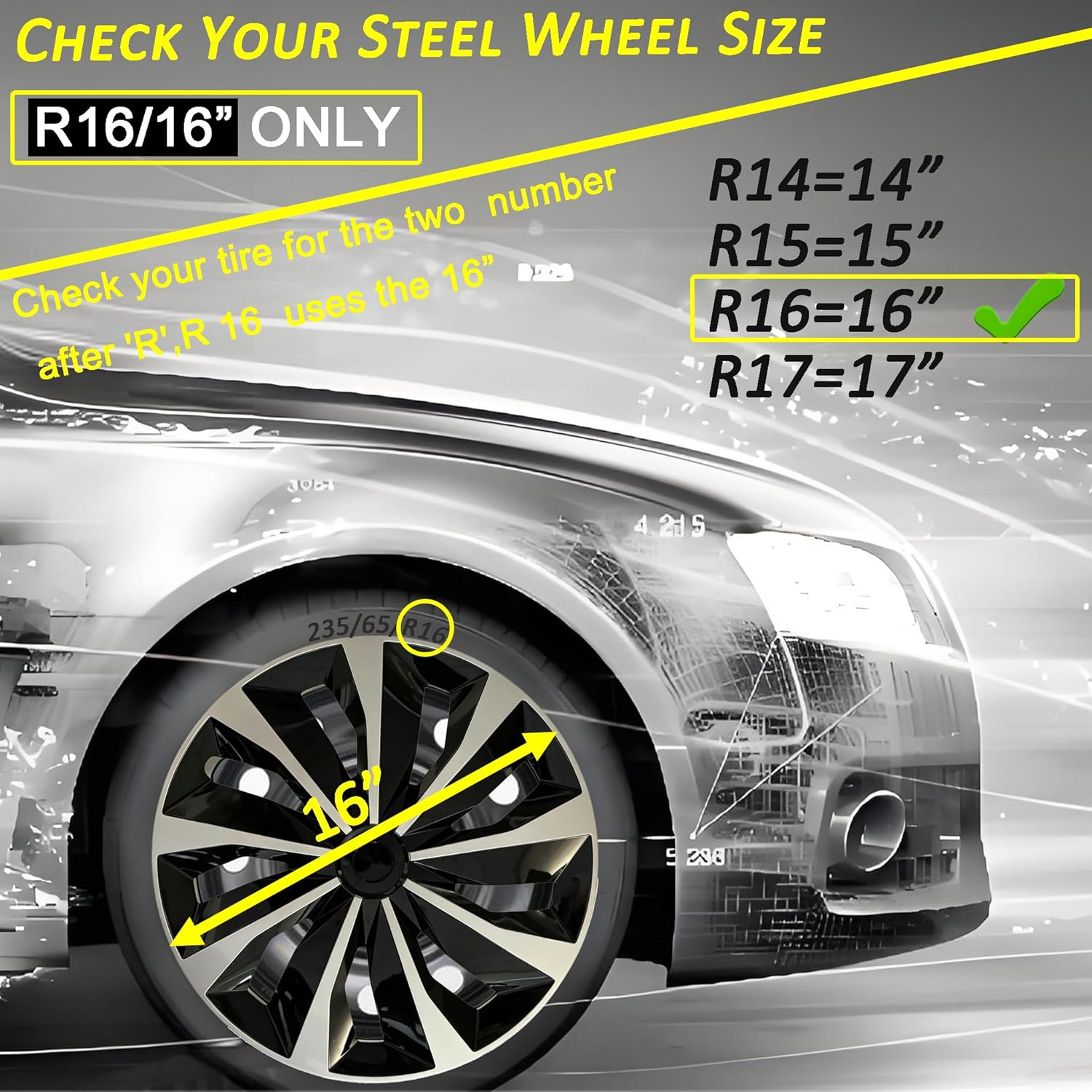 Hubcap Wheel Covers Replacement R16 Size Hub Caps Universal-Fit Steel Wheel Rim Cap ABS Tire Cover for Most Cars Trucks SUV Sedans -Set of 4（16-inch，Silver-Black）
