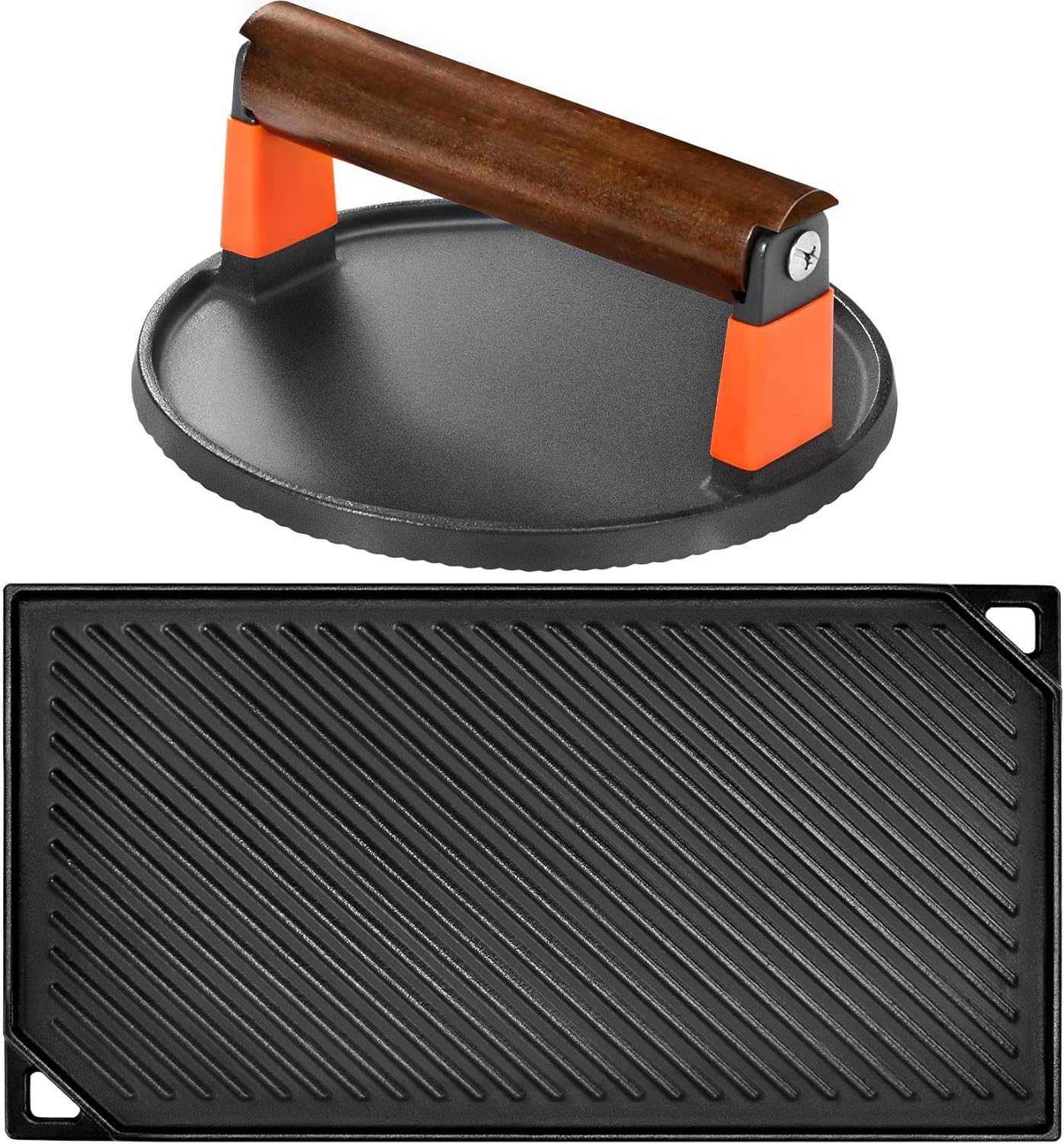 GGC 16.5 x 9.5 Reversible Cast Iron Griddle and 7" Round Cast Iron Burger Press for Stove Tops and Gas Grills, Grill Accessories for Bacon, Hamburger, Roast Meat Family Barbecue Outdoors Cooking