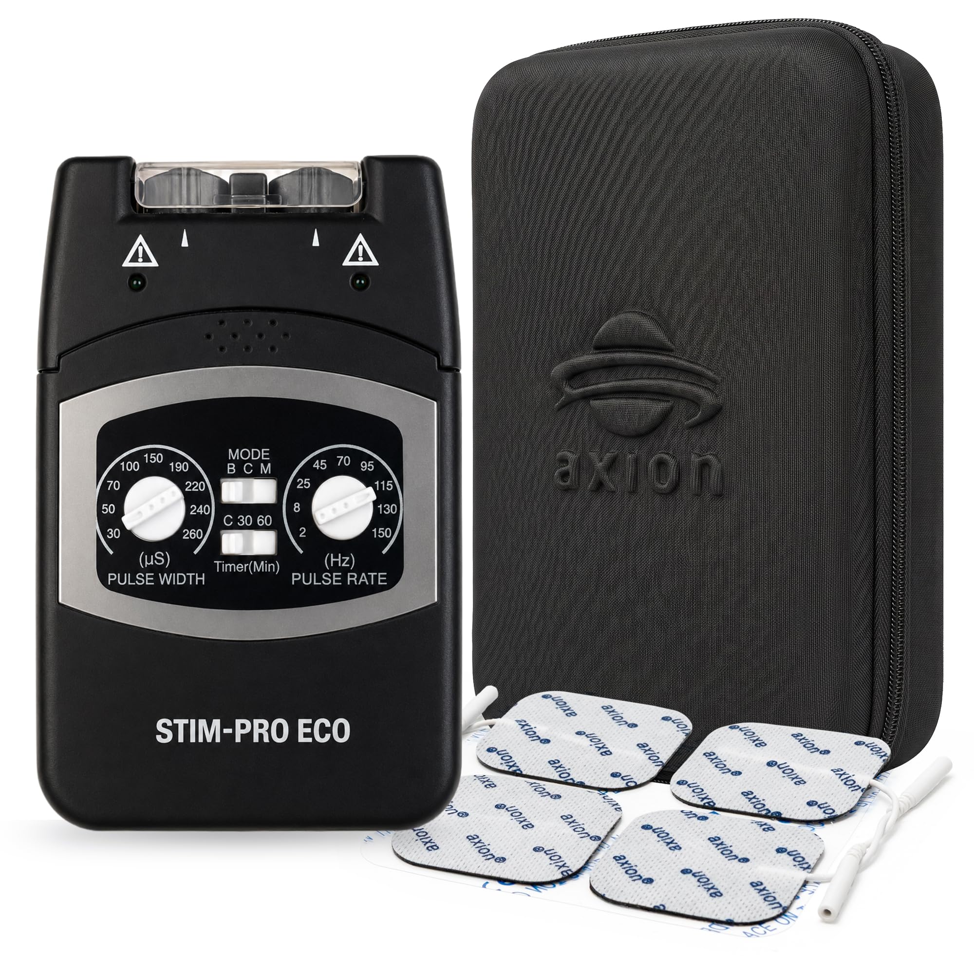 axion® TENS-Gerät zur Schmerztherapie STIM-PRO ECO - Medizinprodukt | Manuell einstellbares TENS-Gerät zur gezielten Reizstrom-Schmerztherapie mit 4 5x5cm Elektroden Pads & (9V Einwegbatterie)
