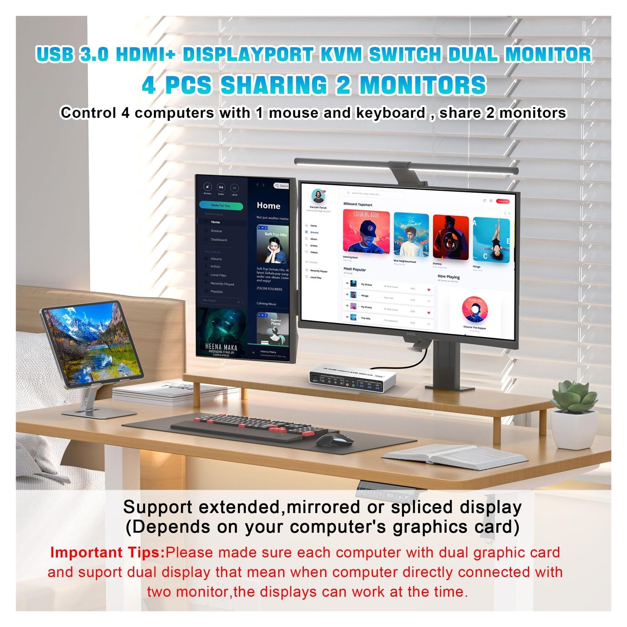 4K @ 60Hz USB 3.0 Displayport + KVM Switch 2 moniteurs 4 ordinateurs, 4 ports double moniteur + DP commutateur de moniteur for 4 PC,Commutation en douceur