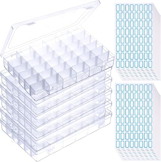 Honeydak 6 Pack 36 Grids Clear Plastic Organizer Box Storage Container with Adjustable Dividers for Beads Jewelry Art DIY Crafts Jewelry Fishing Tackles with Compartment 50 Label Stickers