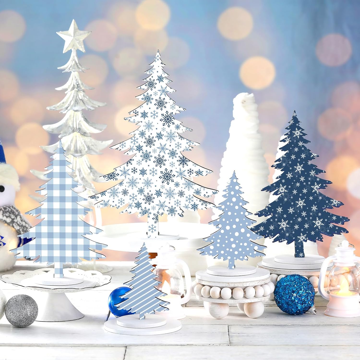 木製クリスマスツリー卓上デコレーション ブルー 冬のテーブルデコレーション クリスマスツリーテーブルサイン 【辰】 素朴なクリス