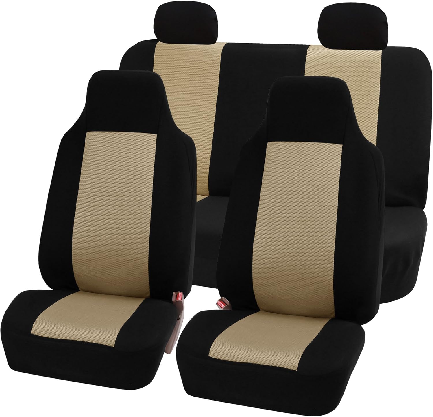 FH Group 3D Air Mesh Car Seat Covers Full Set – Universal Fit Automotive Seat Covers, Front Bucket and Solid Rear Bench Seat Cover, Washable Car Interior Protectors for SUV, Sedan, Beige