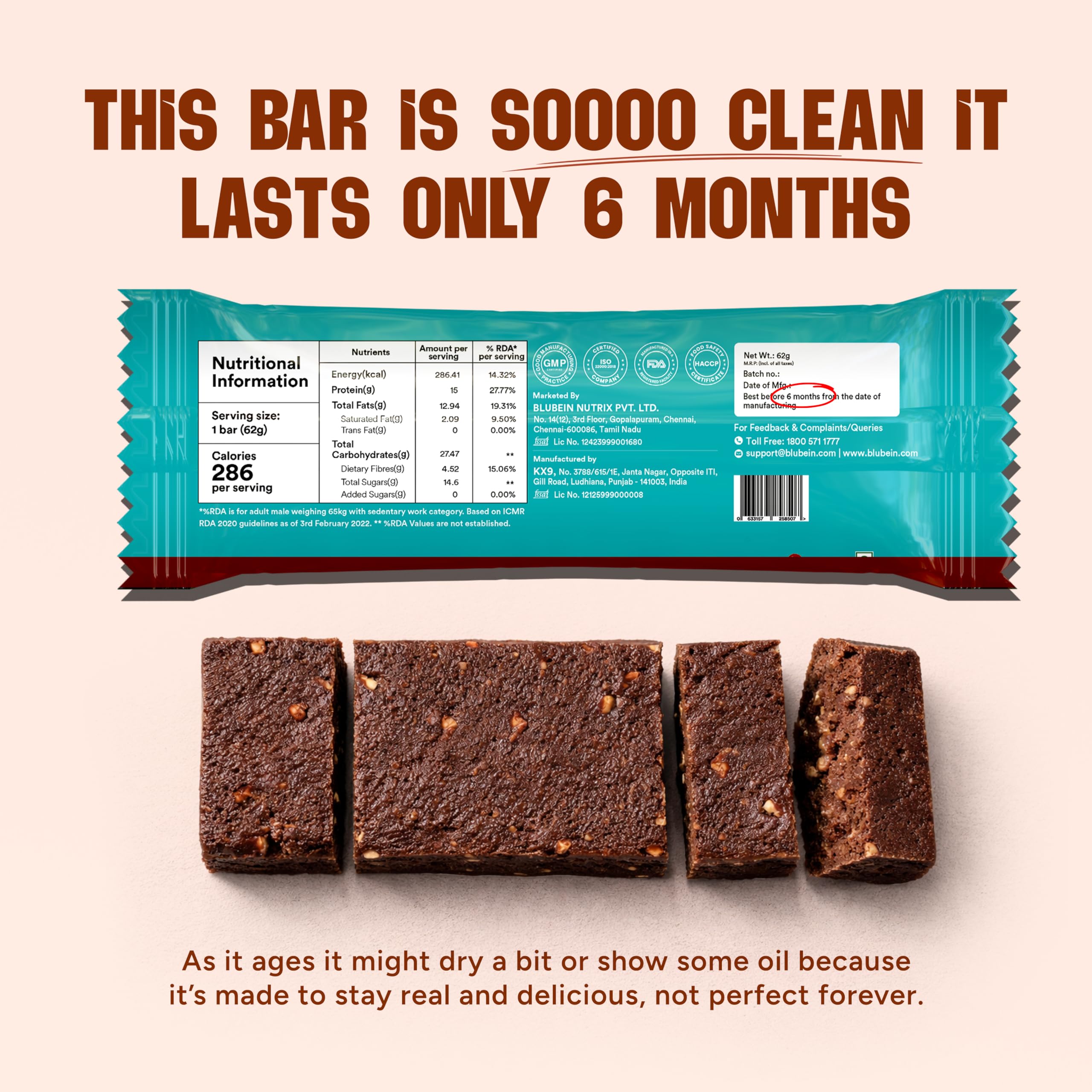 Blubein Protein Bar - Choco Date Delight, 15g Plant Protein, Protein bars without sugar, No Gluten or Soy, No Palm Oil, Made with 100% Natural Ingredients & No Preservatives, Non-GMO | 63g Bar — Amazon image 8