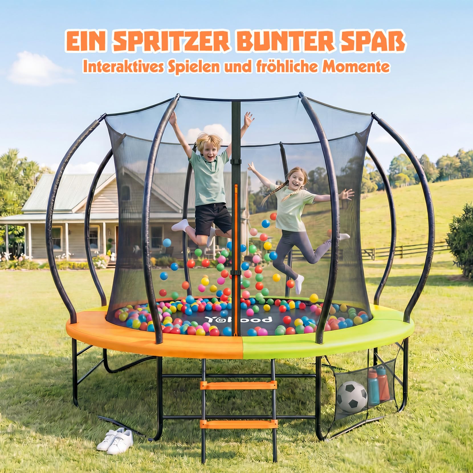 Trampolin Outdoor Ø228/305/366 cm, GS-Zertifikat, Gartentrampolin für Kinder, Stabile Rahmenkonstruktion, Trampolin mit Tasche, Leiter, Randabdeckung & gepolsterten Netzstangen