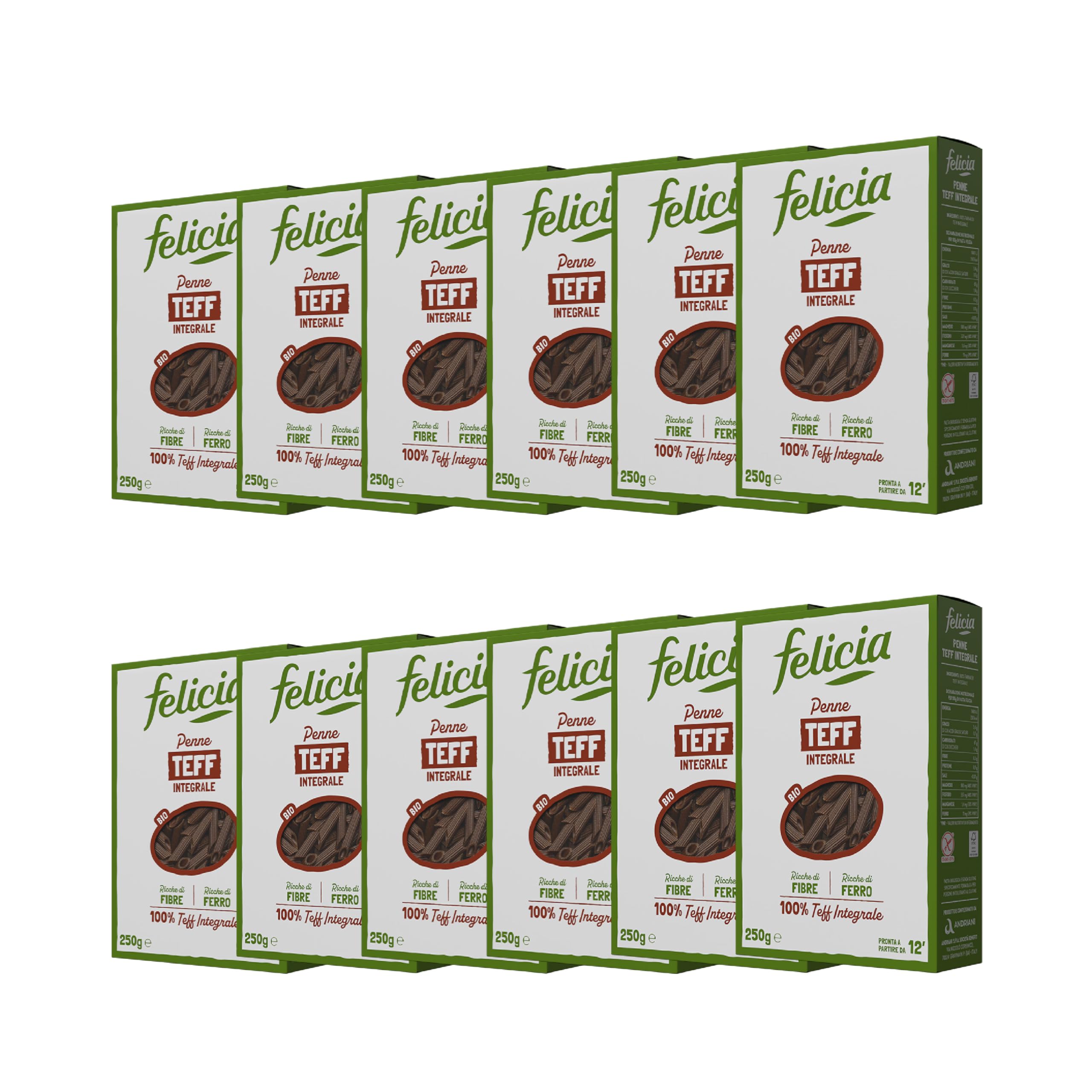 Felicia, Penne Rigate di Teff Integrale, Pasta Biologica Ricca Fonte Fibre, Ferro, di Magnesio e di Fosforo, Conserva il Gusto Autentico della Cucina Etiope, Vegan, Box da 12 Confezioni