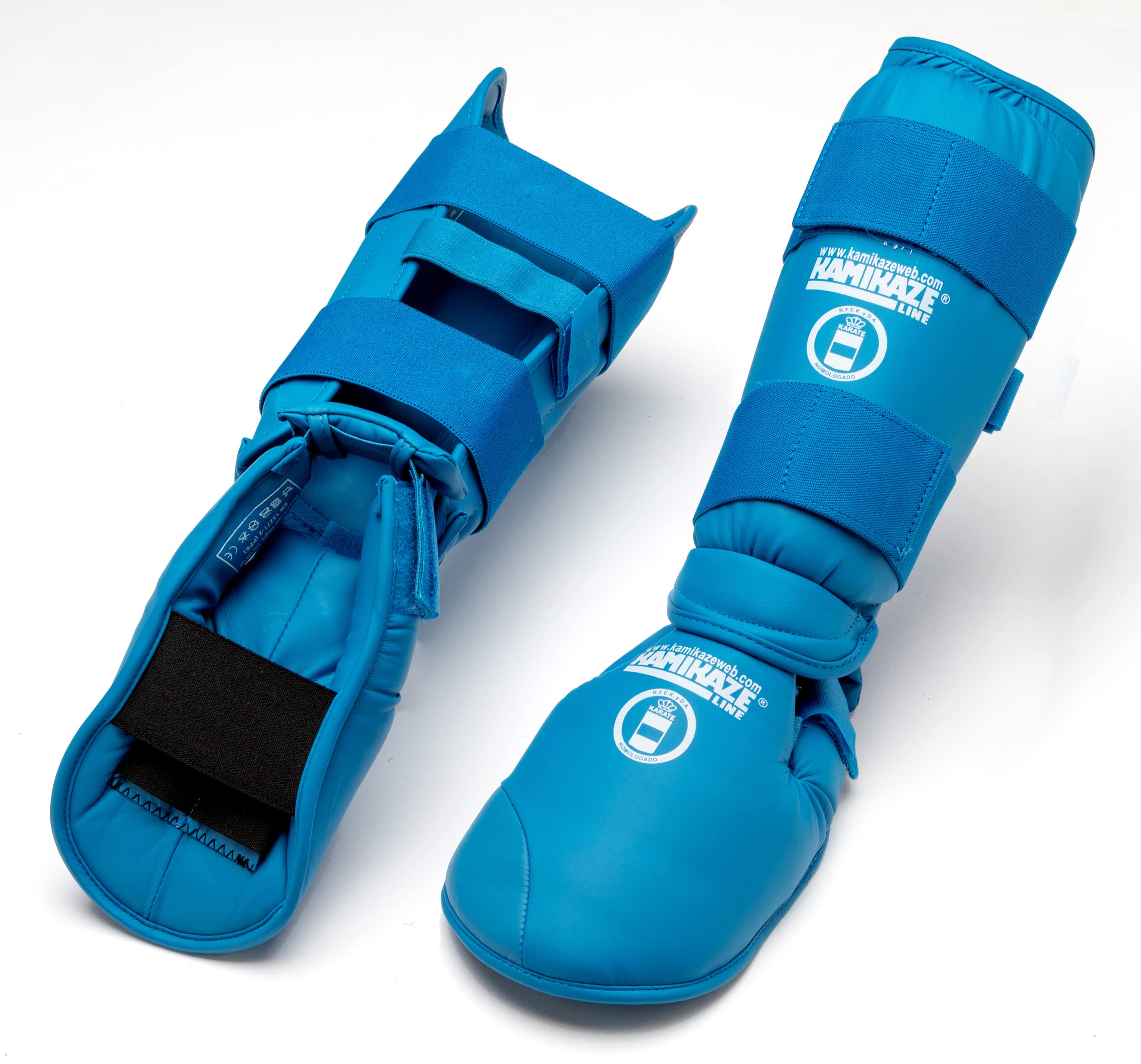 Espinilleras y Protectores de pie KAMIKAZE para Karate, homologadas RFEK Real Federación Española de Karate (Azul, S)