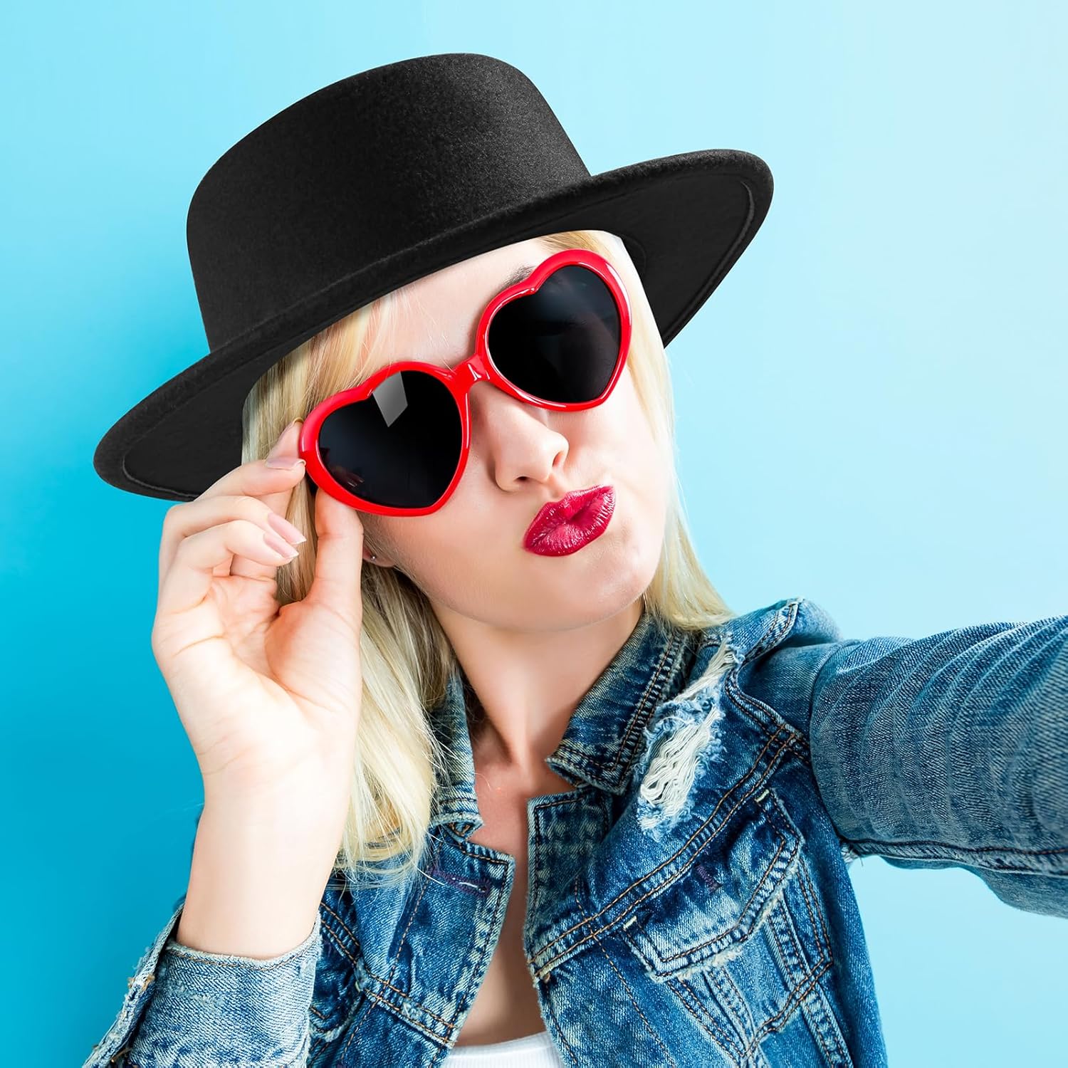 Fashion Classic Black Fedora Hats + Red Heart Sunglasses Costume Outfit - Flat Wide Brim Church Cap Jazz Hat - Image 4
