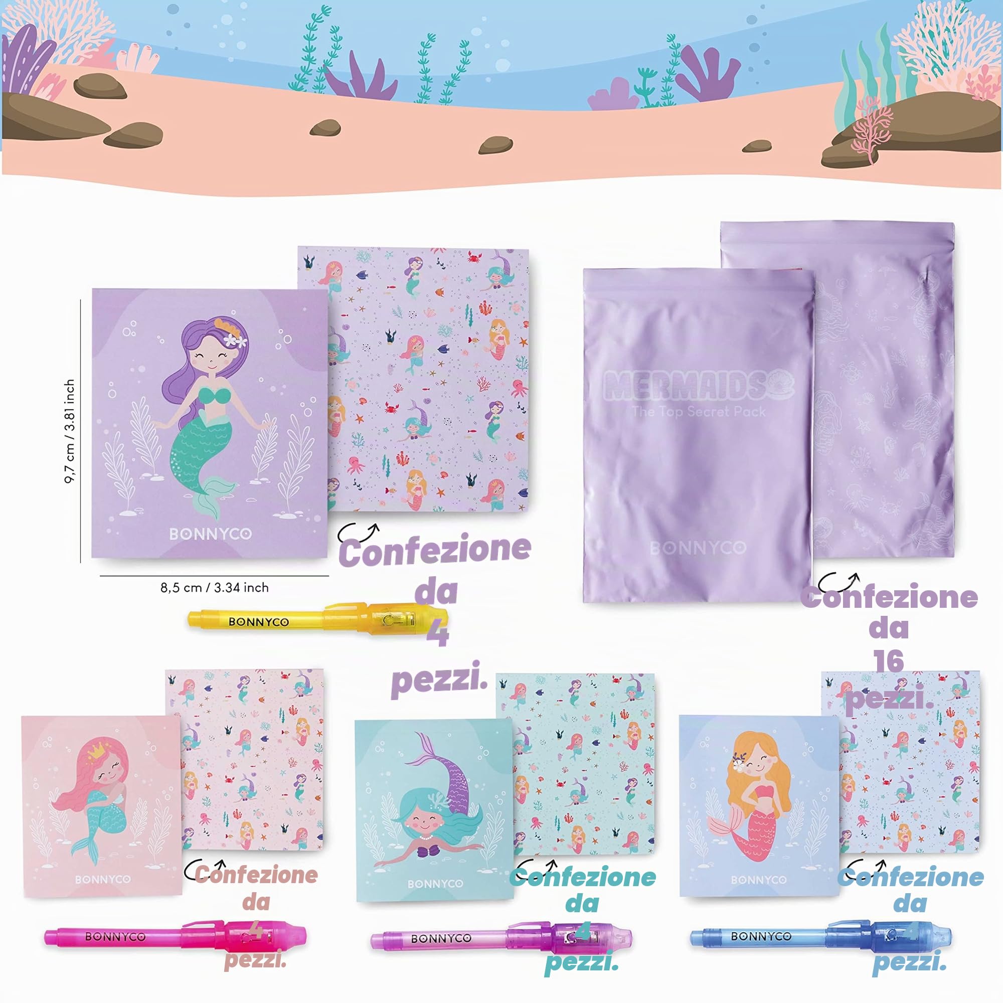 BONNYCO Penna Invisibile e Taccuino, 16 Pezzi Sirena Gadget Compleanno Bambini. Regalini Fine Festa Compleanno Bambina, Regalino Fine Festa. Giocattoli Pignatta, Gadget Bambini Sirena Bomboniere