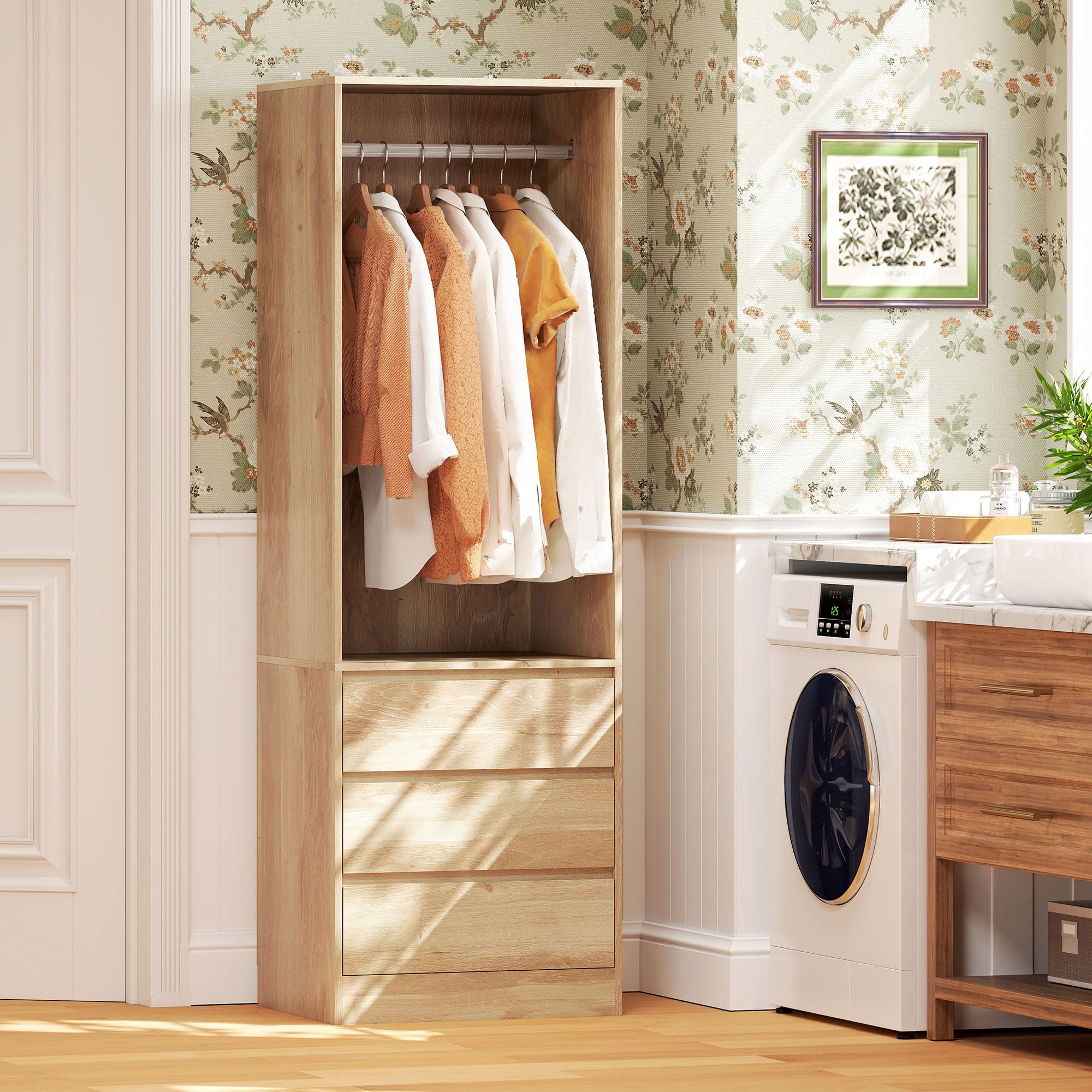 HOMCOM Armadio Guardaroba Salvaspazio con Asta Appendiabiti, Ripiano Aperto e 3 Cassetti, Armadio Camera da Letto, Mobile Guardaroba, 60x48.5x185 cm, Color Teak
