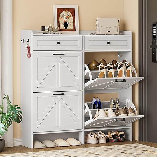 Miniatura 4 de Armario de almacenamiento de zapatos para entrada, armario ancho de casa de campo con 4 cajones abatibles y 2 cajones superiores, organizador