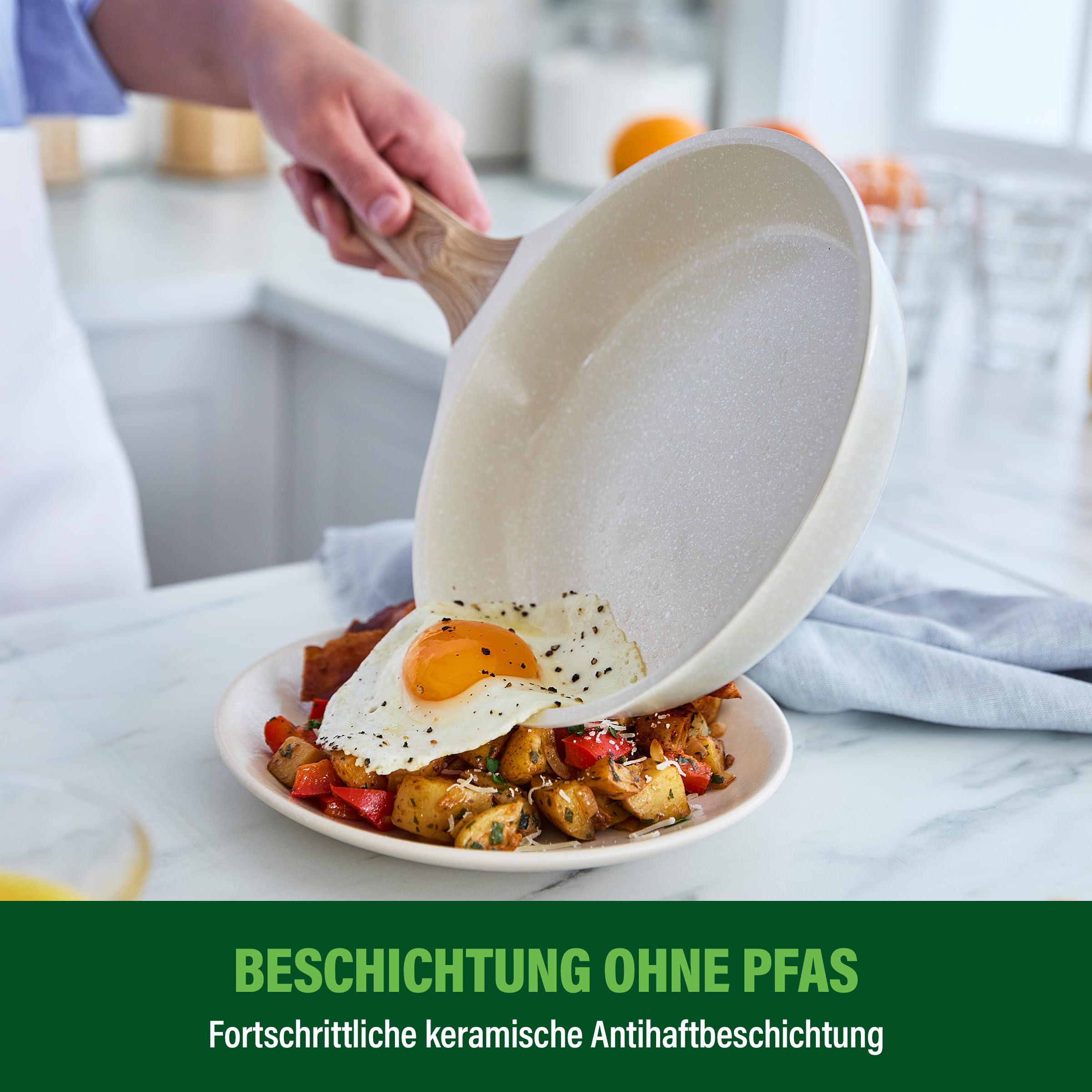 GreenChef Arte Keramik-Antihaft-Pfannenset, 2-teilig, 24 cm & 28 cm, PFAS-frei, induktionsgeeignet, Holzgriff, cremefarben