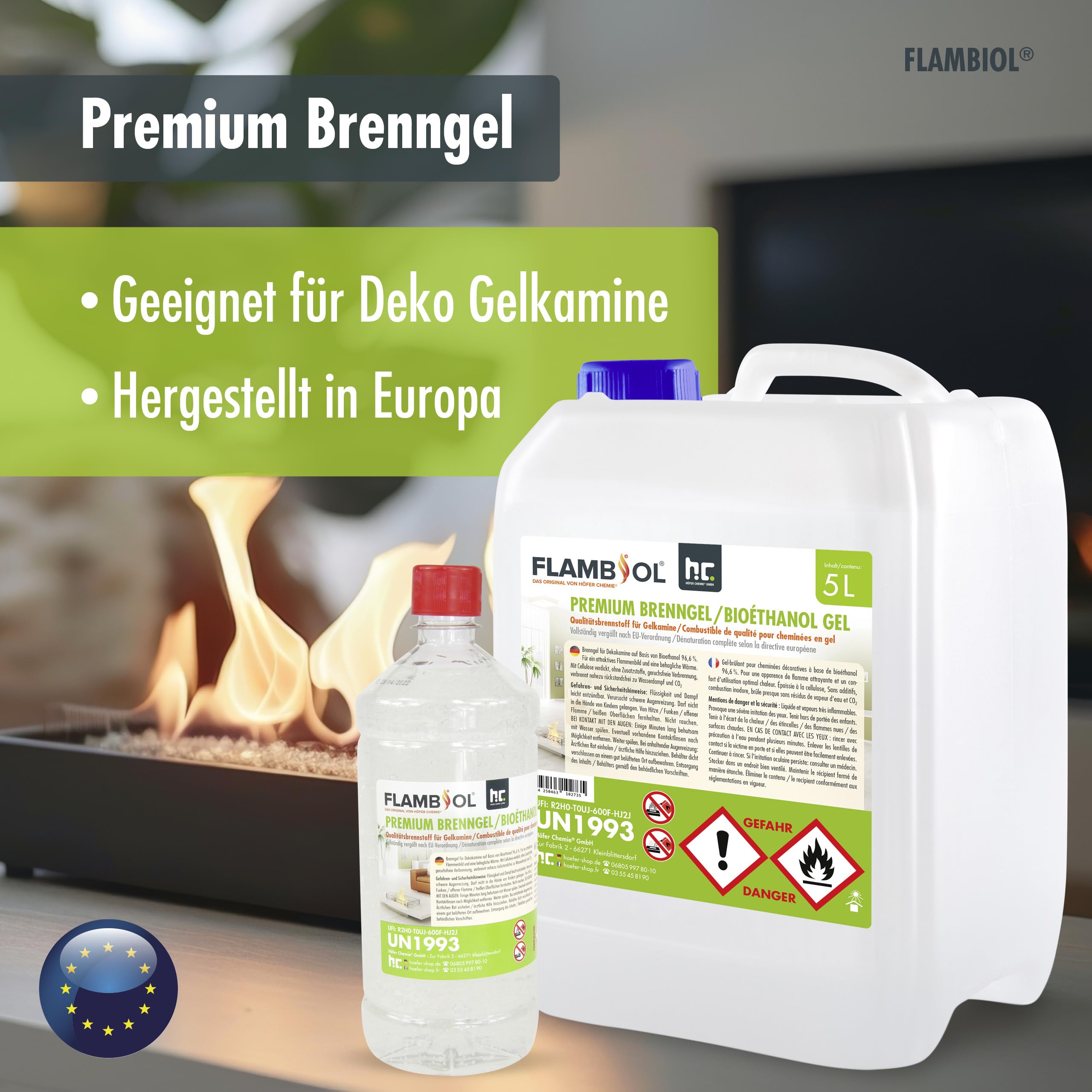 Höfer Chemie 5 L FLAMBIOL® Premium Brenngel für Brenngel Dekofeuer, Lampe und Kamine - Dickflüssiges Gel