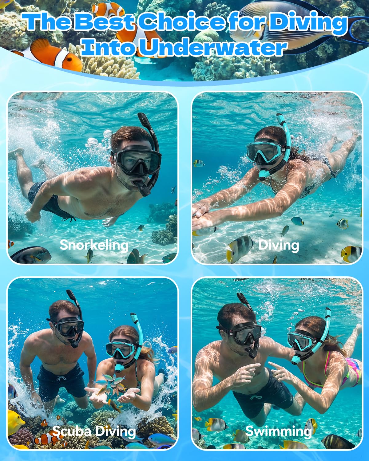 Aegend Equipo de esnórquel para adultos, hombres y mujeres: máscara de buceo con juego de esnórquel seco, visión panorámica antivaho con bolsa de malla para esnórquel, natación y buceo