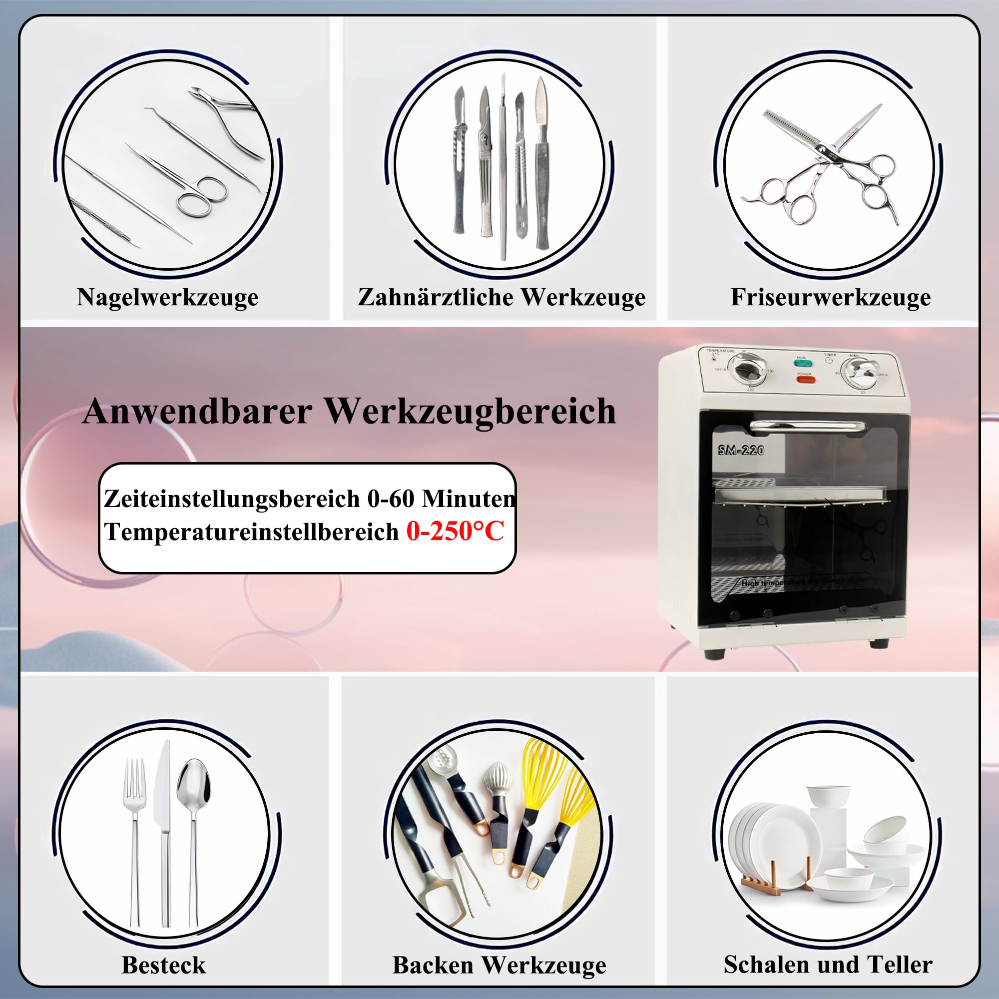 Autoclave 10L, stérilisateur à chaleur sèche 220°C à deux étages avec plateaux en acier inoxydable librement amovibles pour manucure, salon de coiffure, dentaire, laboratoire.