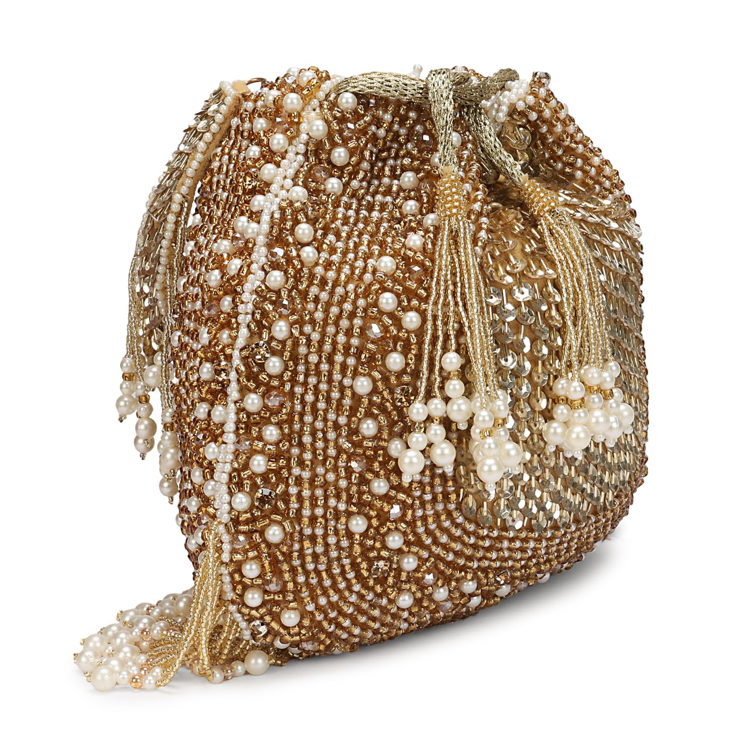LONGING TO BUY Borsa Potli con perline dorate e sequenze con dettaglio di frange di perle, pochette con coulisse impreziosita per le donne
