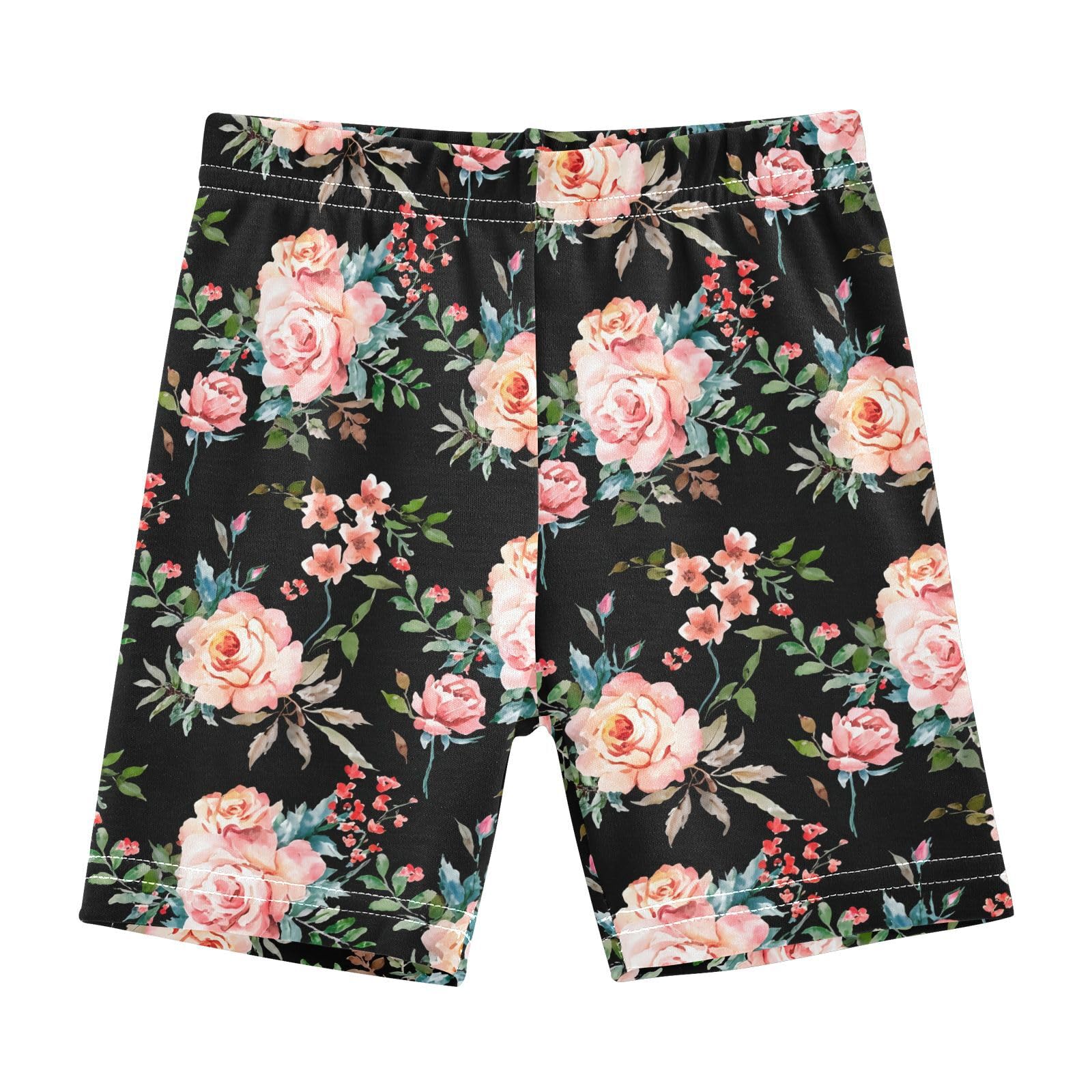 Rose Blossom Leaves Black Girls Bike Shorts Toddler Soft Cotton Active Biker Shorts