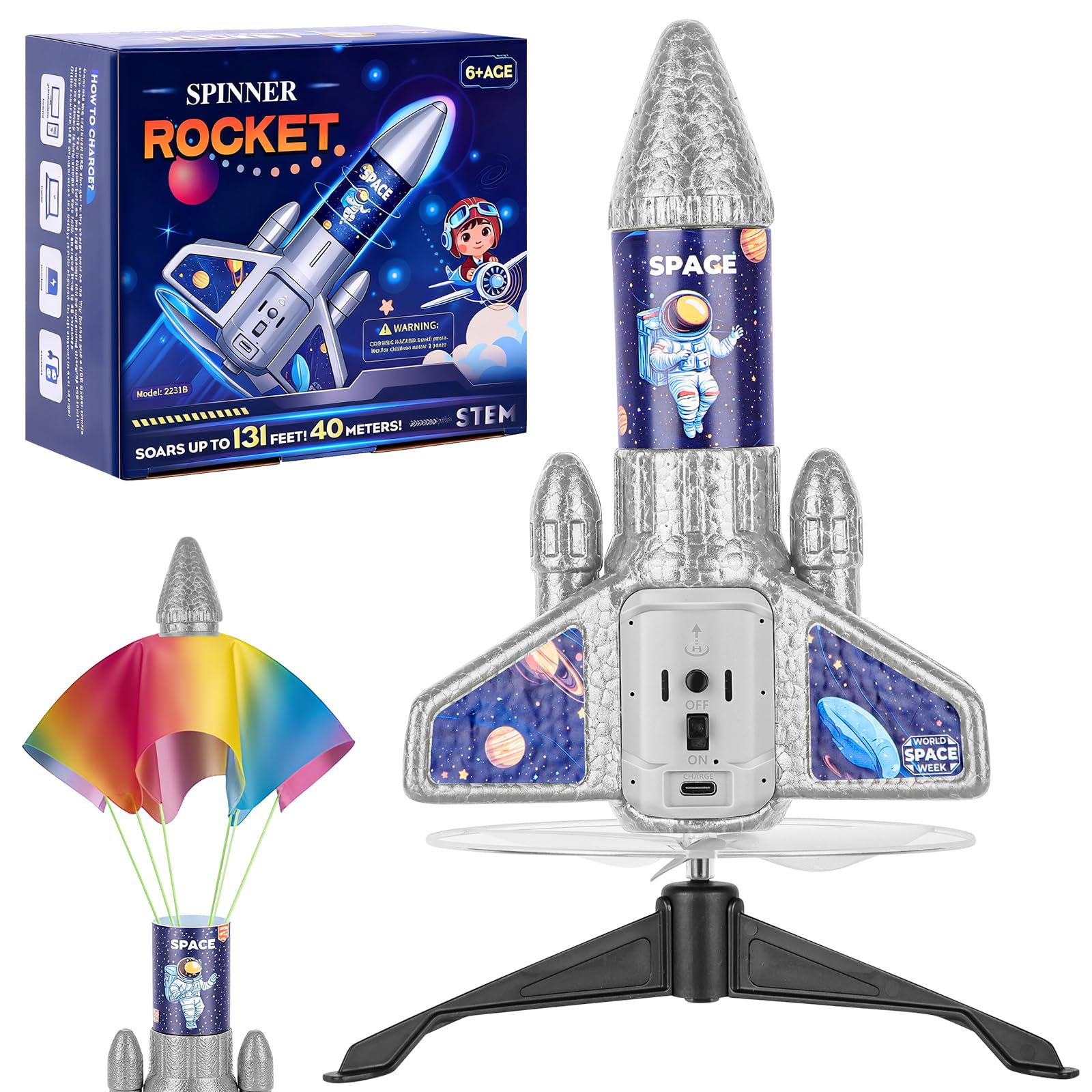 Cohete Juguete Lanzador con Paracaídas, Cohete Eléctrico Recargable con Indicador de Carga, Juguete de Exterior Fácil de Usar, Material EPP Duradero, Adecuado para Niños de 5 a 13 Años
