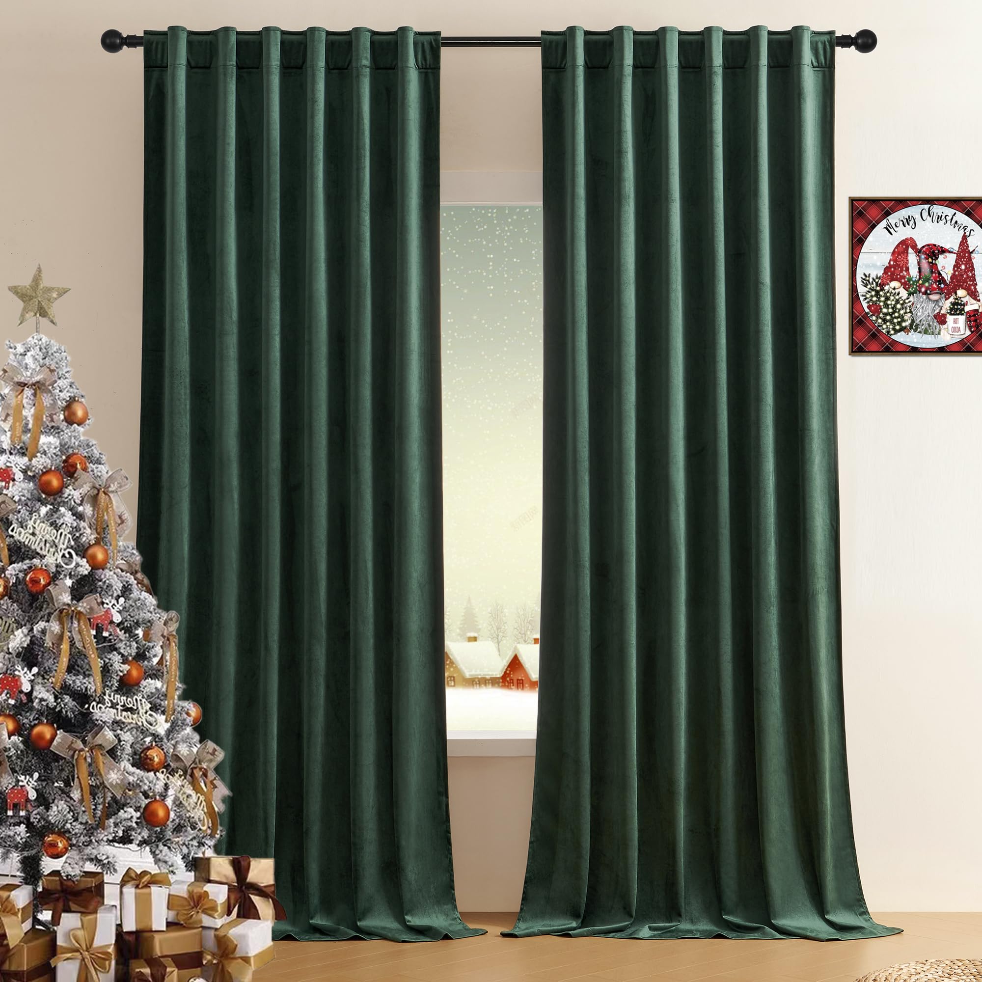 Timeper Green Velvet Curtains 108 inches Long, Thick Fabric Blackout Velvet Curtains for Living Room Sliding Door W52 x L108, 2 Panels