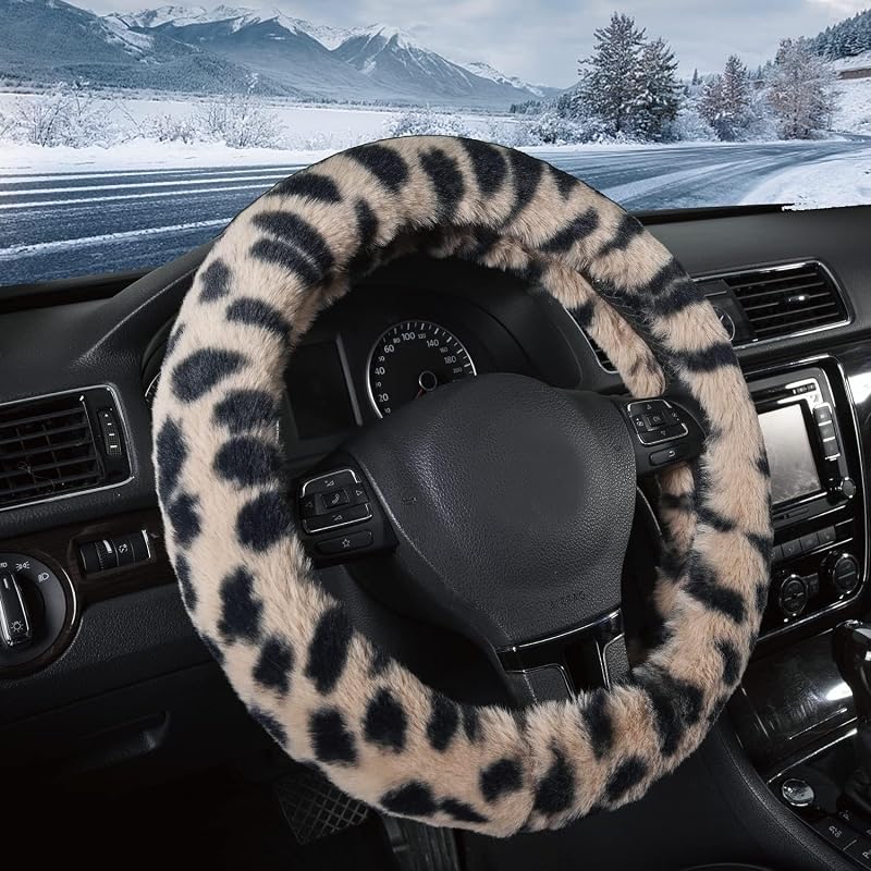 Capa para volante Road Comforts em microfibra felpuda, bege com estampa Leapord, para volantes de 36,8 a 38,1 cm