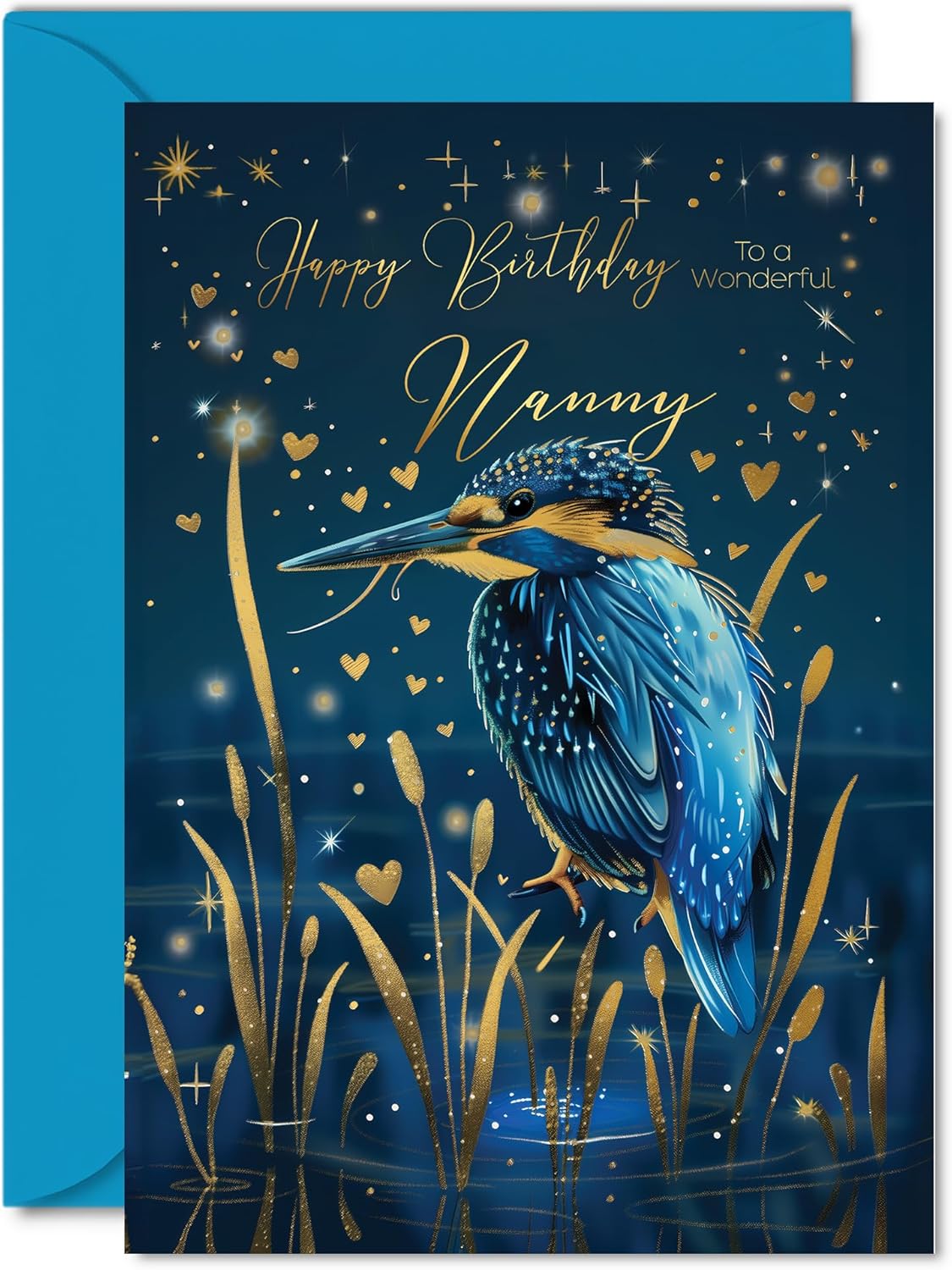 Beautiful Gold Birthday Cards for Nanny - Wonderful Golden Kingfisher - Pretty Traditional Elegant Birthday Card for Nanny from Granddaughter Grandson, 5x7 Inch Gran Gorgeous Greeting Cards Gift
