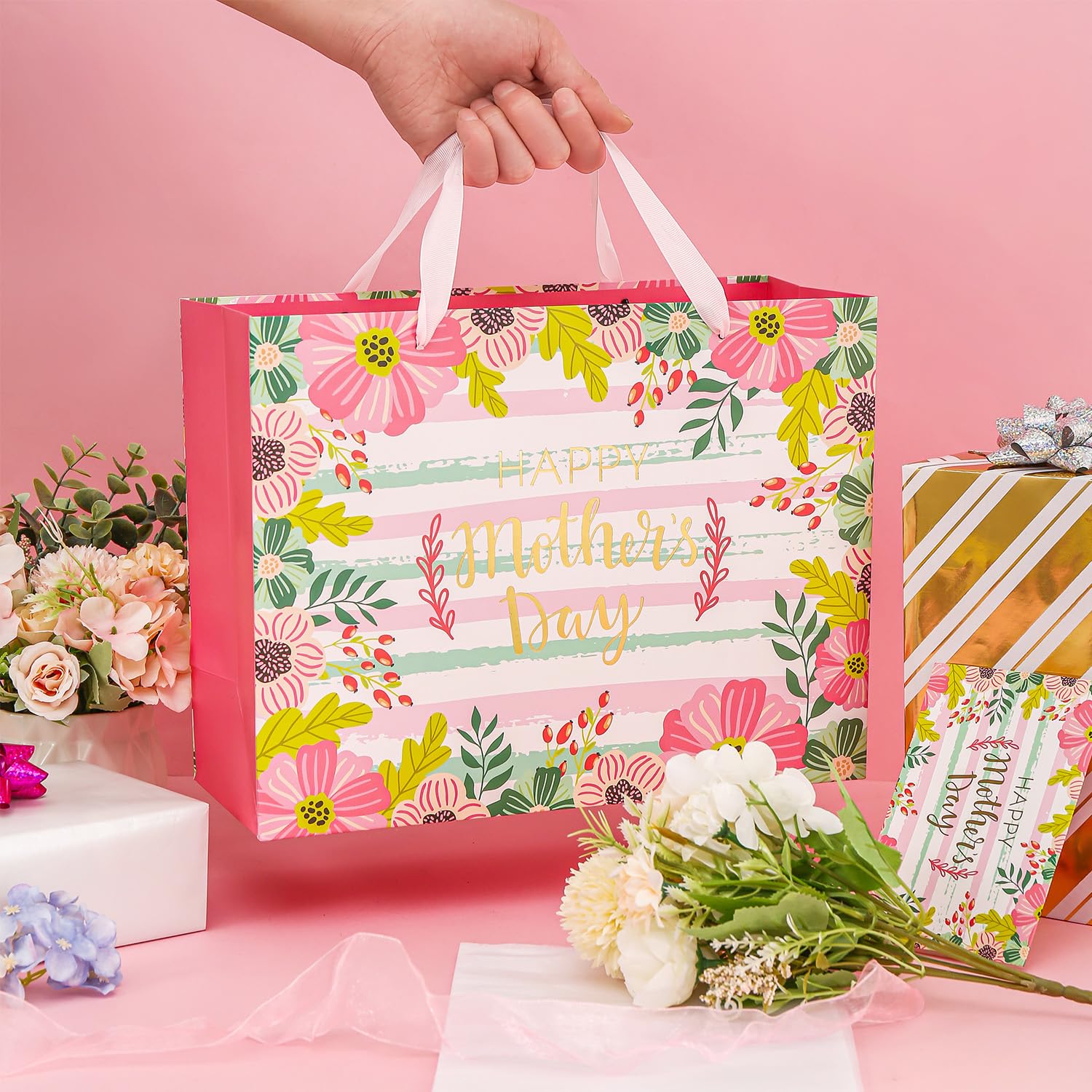 CAMKUZON Large Mother's Day Gift Bag with Card and Tissue Paper for Mom Grandma Nana Sisters - Gold Foil Happy Mother's Day & Pink Floral Design, 13" X 10" X 5"