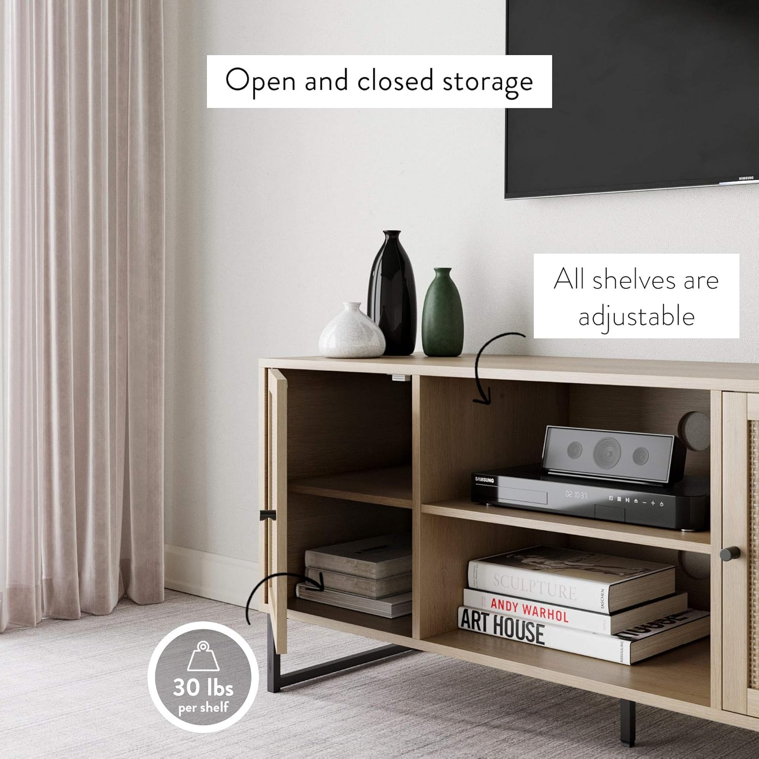 Nathan James Modern TV Stand Entertainment Cabinet, Console with a Natural Wood Finish and Matte Accents with Storage Doors for Living Media Room, Oak/Black : Home & Kitchen