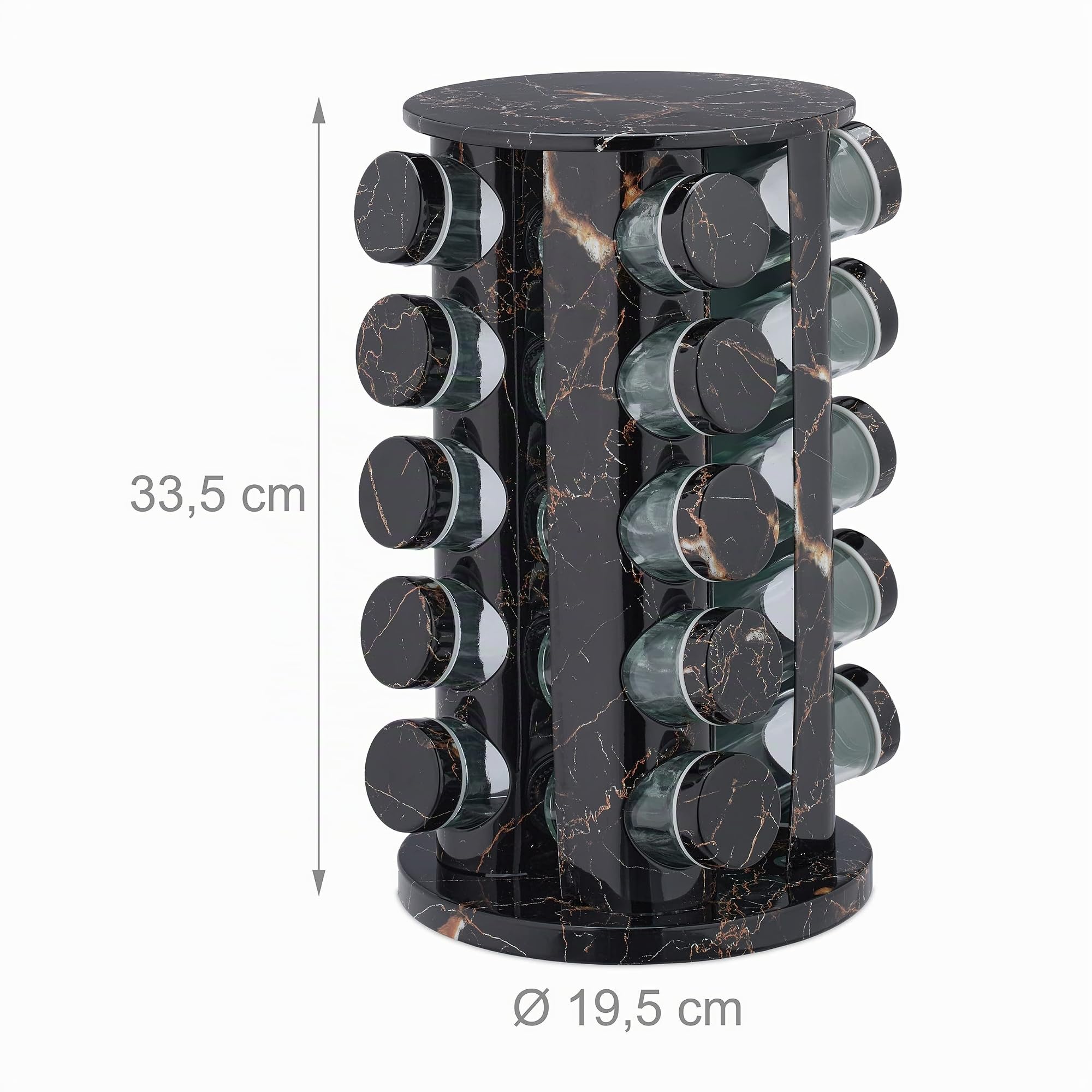 Relaxdays Tourniquet à épices avec 20 Pots en Verre, chacun étant doté d'un Embout tamiseur, remplir, Effet marbre, Noir