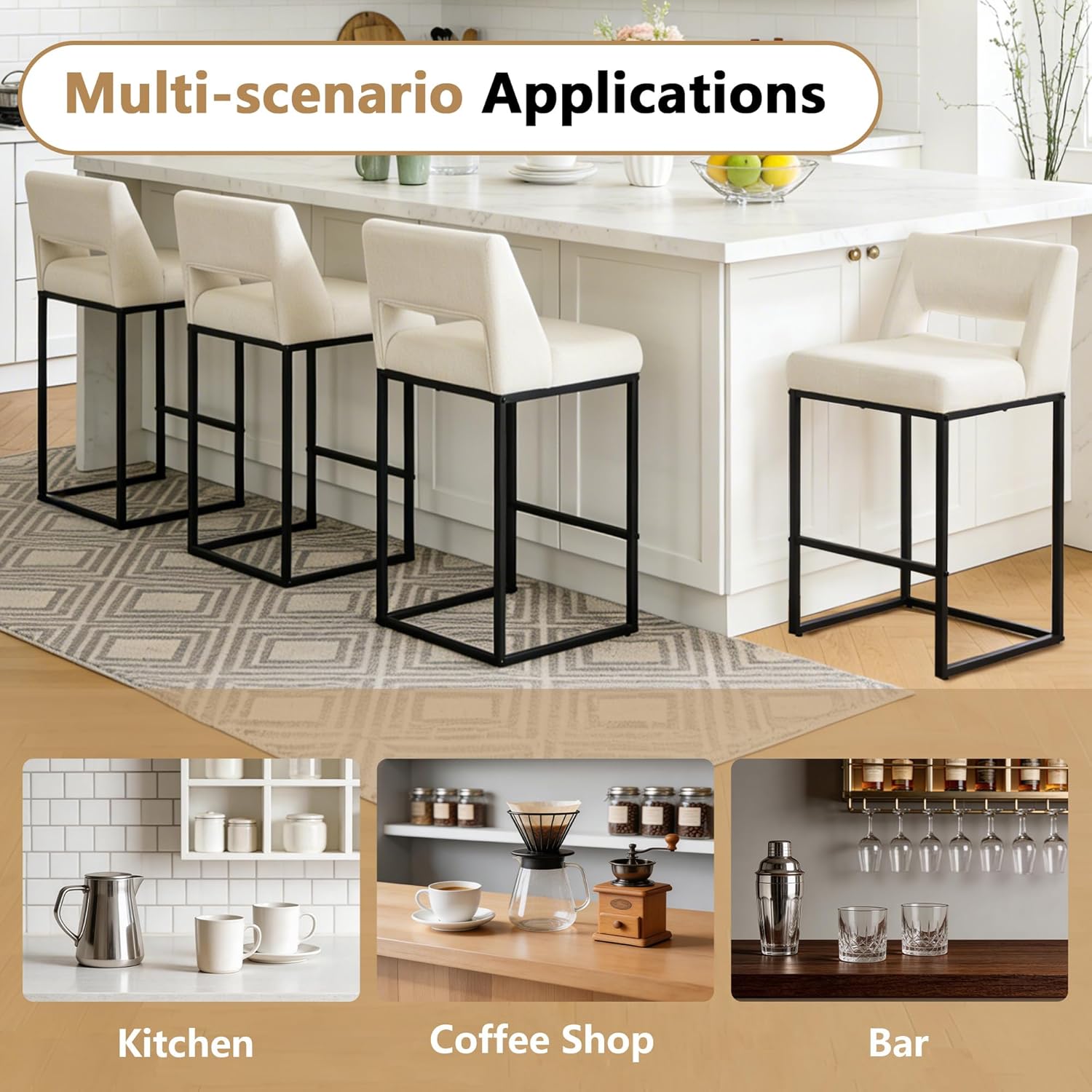 ClinQ Counter Height Bar Stools Set of 2, Hollow Back Kitchen Island Barstools, Upholstered Linen Fabric Counter Stools with Metal Frame, Stools for Kitchen Counter, Bar, Restaurants, Cafés, White