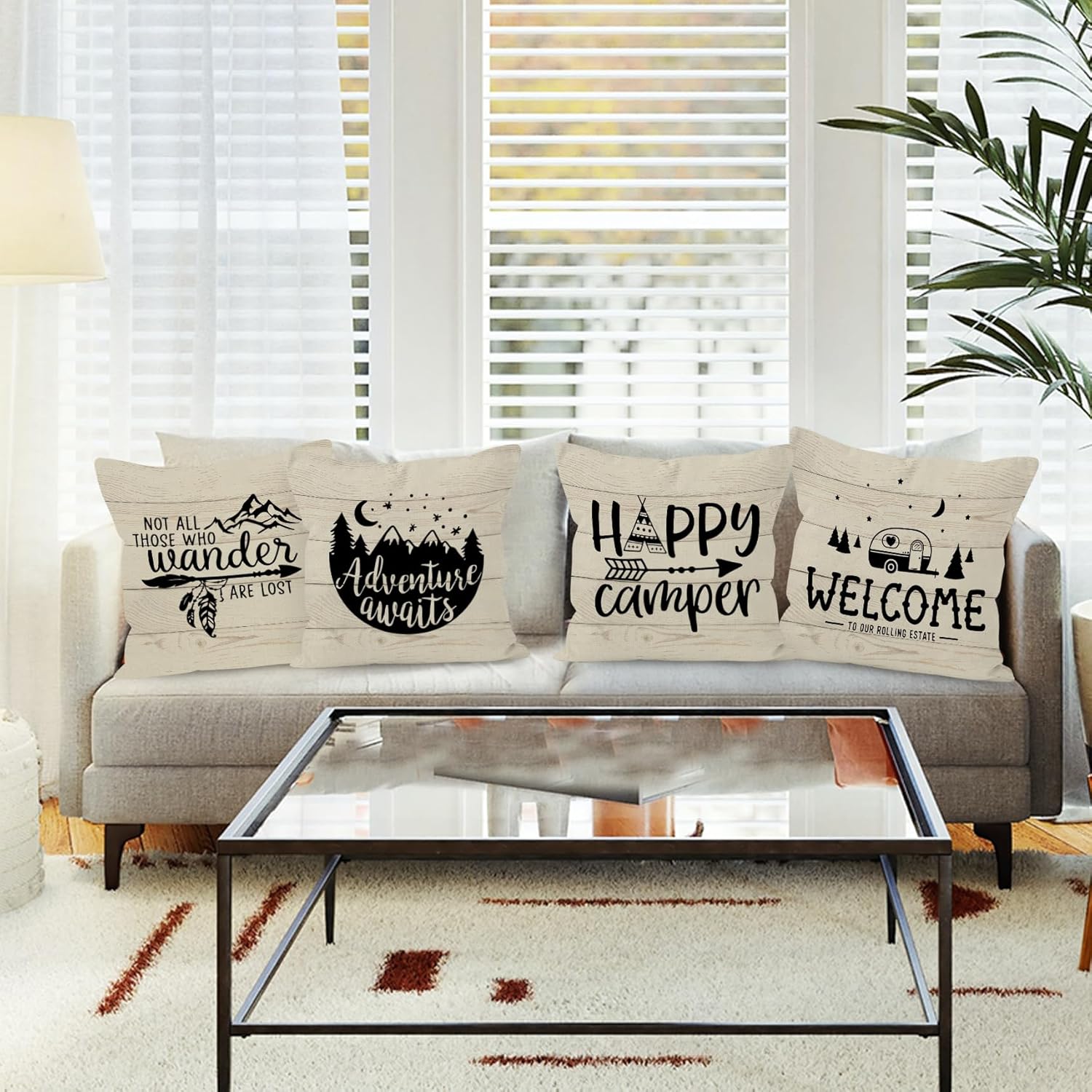 Happy Camper Camping Welcome Decorative Throw Pillow Covers, Adventure Awaits Pillow Cases Set of 4, 18 x 18 Inch Home RV Decor - Image 2
