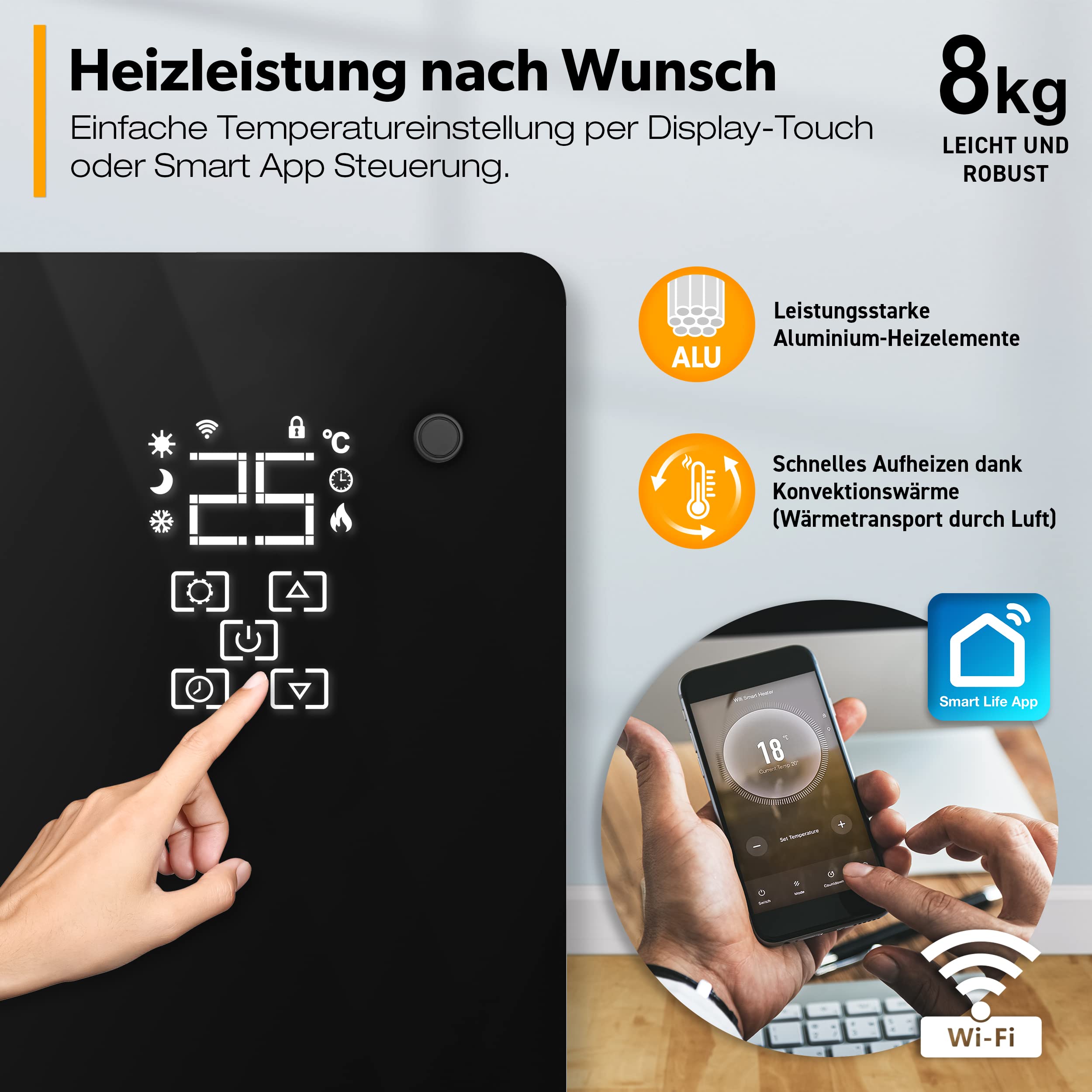 TRESKO® Szklany konwektor 2000 W, aplikacja WiFi, ogrzewanie elektryczne, ogrzewanie szklane, grzejnik konwektorowy, grzejnik LED i timer, grzejnik elektryczny, ogrzewanie stojące lub ścienne