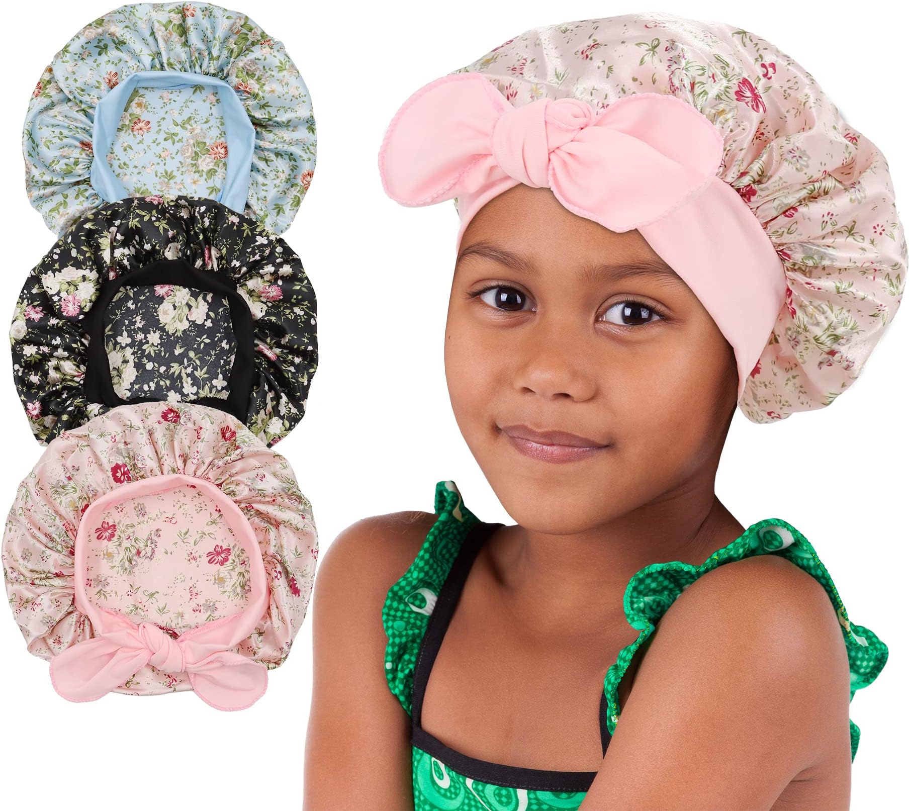 3 Pieces Kids Satin Bonnet Silky Sleep Cap Wide Elastic Band Hair Bonnet for Girls Toddler Child