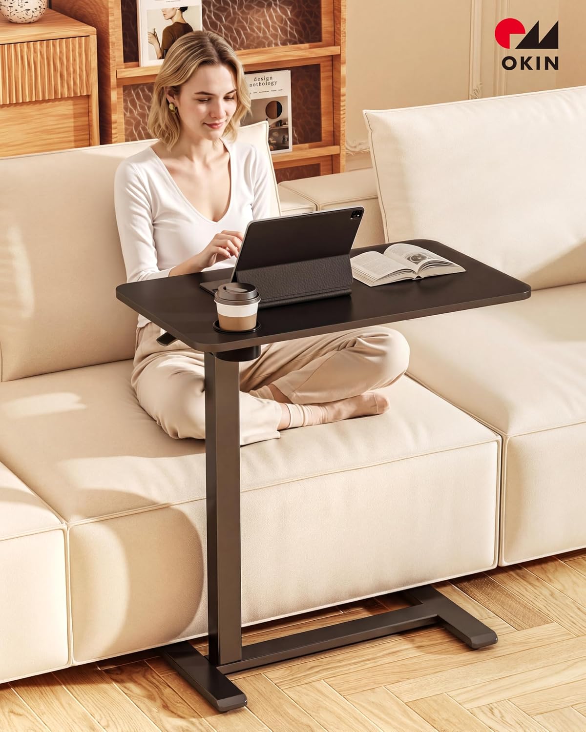 Okin Adjustable Bedside Table with Swivel Hidden Wheels Pneumatic Rolling Desk Mobile Standing Desk with Cup Holder for Hospital Home(27.6"x15.8" Black)