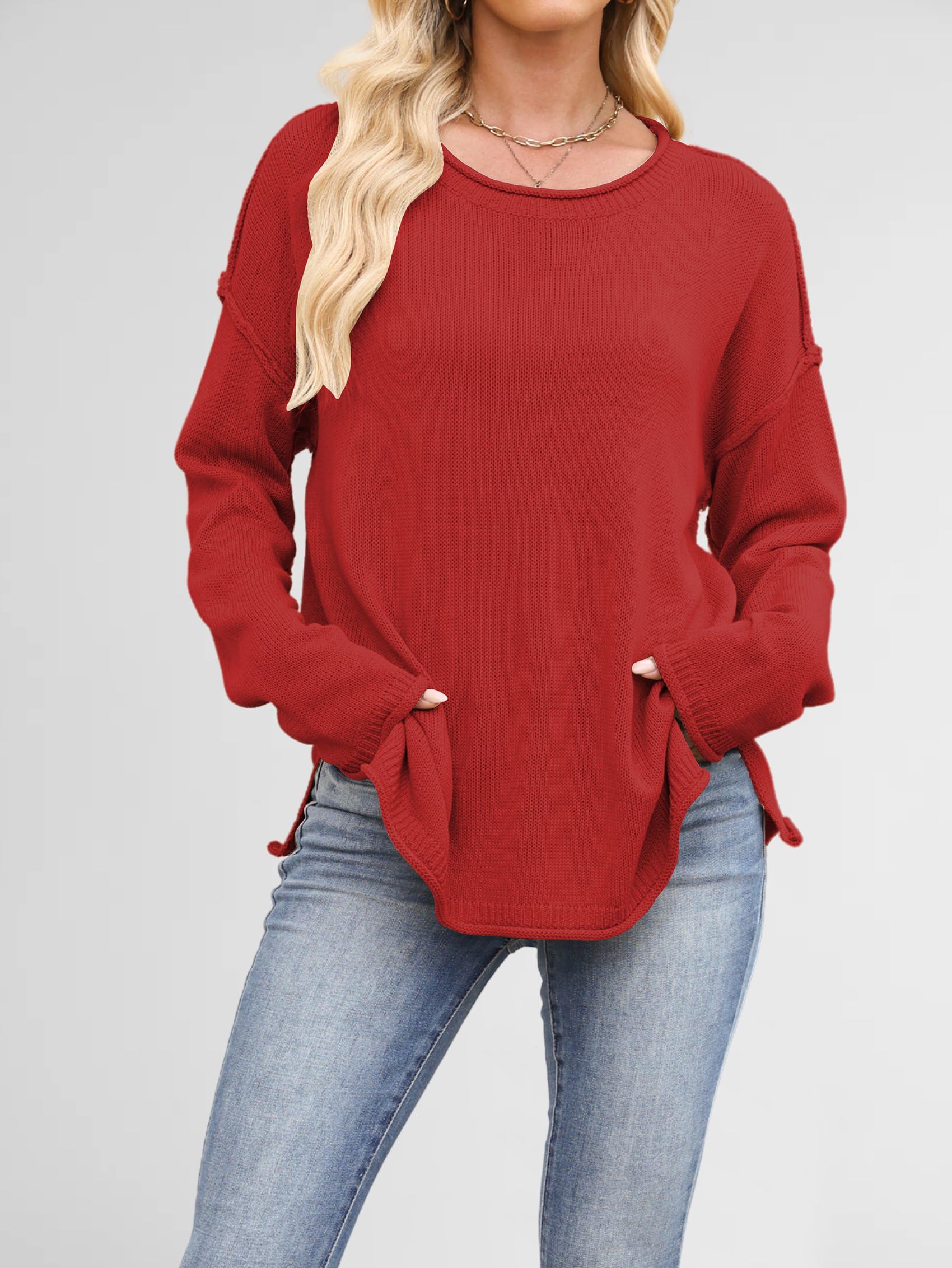 Luźne Swetry Damskie, Luźne, z Długim Rękawem i Okrągłym Dekoltem, Dzianinowe, Przytulne, Swetry Pullover Czerwony M