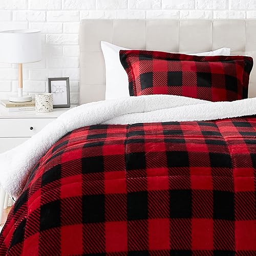 Amazon Basics Ultra-Soft Micromink Sherpa Comforter Bed Set - Red Buffalo Plaid, Twin
