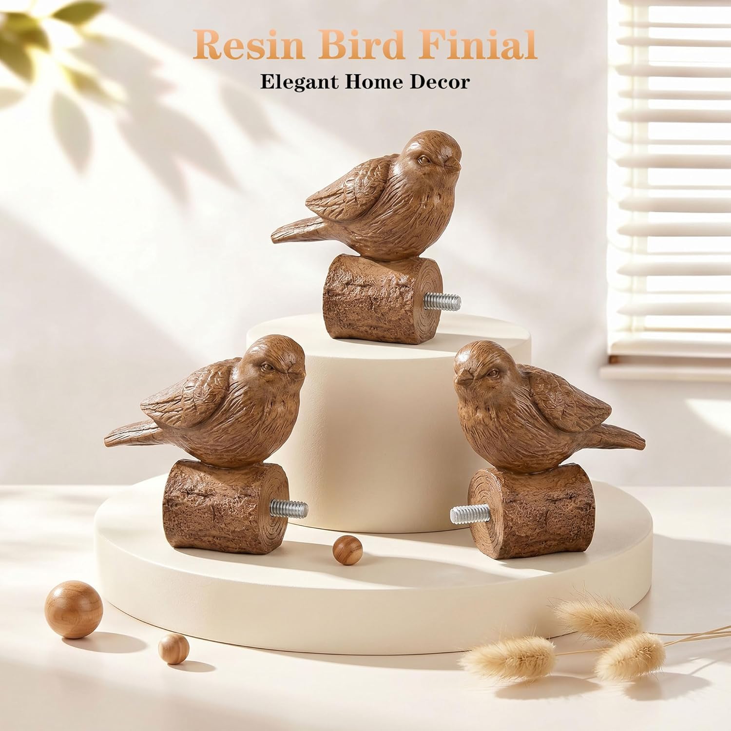 Bird-Shaped Replacement Decorative Curtain Rod Finials, Drapery Rod Ends (Faux Wood) | 2 Pcs End Cap Finials, Farmhouse Rustic Bird Finials for 1 or 7/8 In Dia Drapery Rod , Wooden Curtain Rod Finials