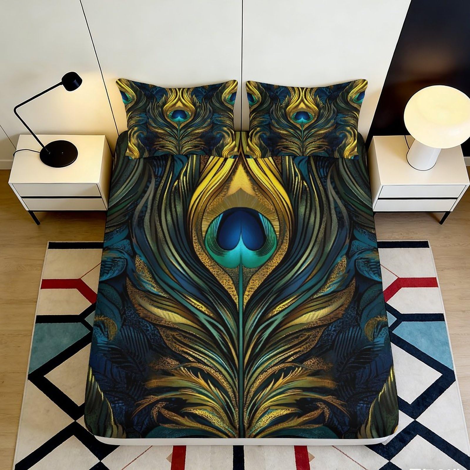 3D Printed Peacock Feather Fitted Sheet Microfiber Soft Non-slip Bed Cover for Bedroom Dorm Mattress Decor 180x200x25cm