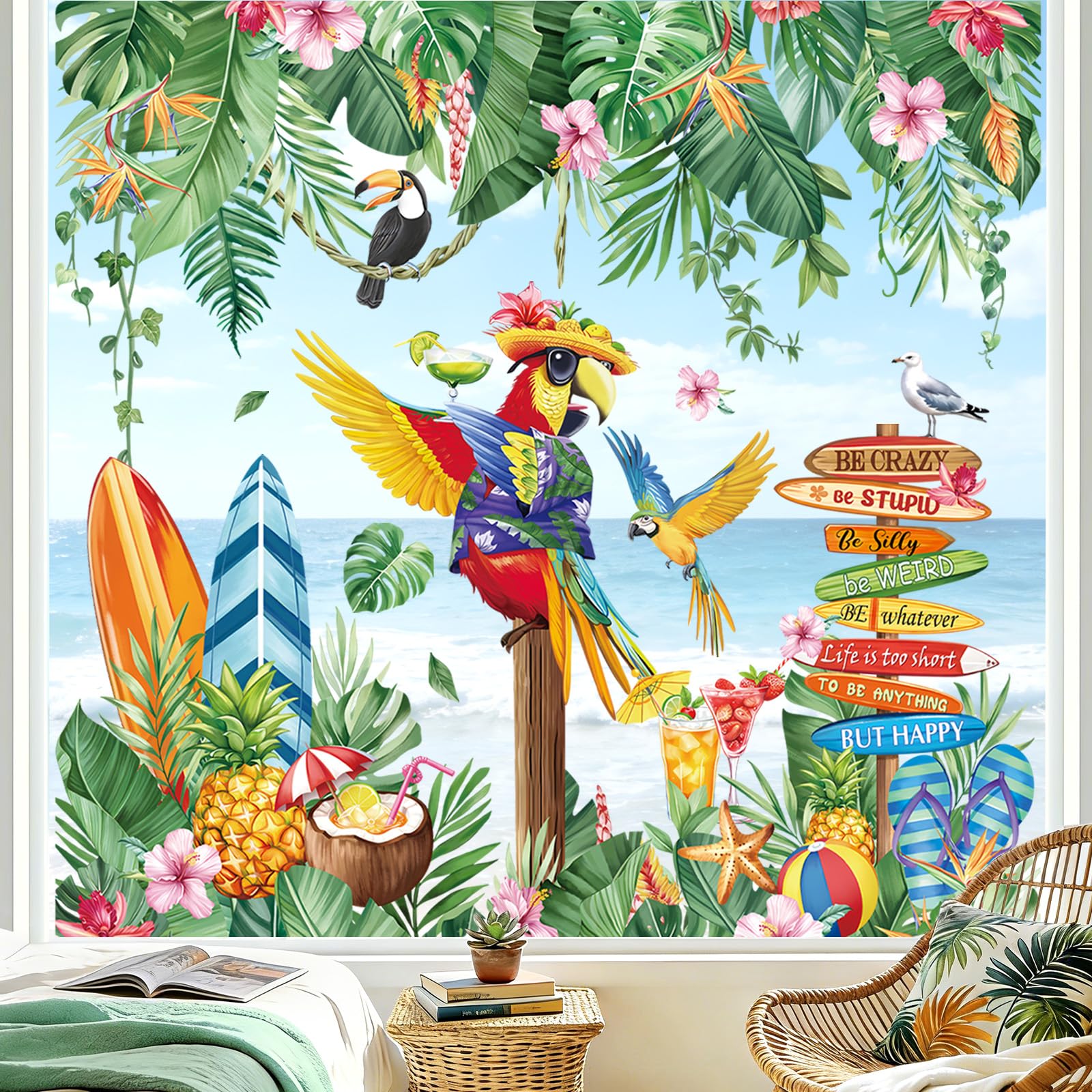 decalmile Autocollants Fenêtre Tropicales Feuilles Pendaison Vigne Été Anti-Collision Stickers Perroquets Tropicaux Plantes Vert Stickers Vitre Anti-Adhésifs Fenêtre Porte Cuisine Décalques - 2