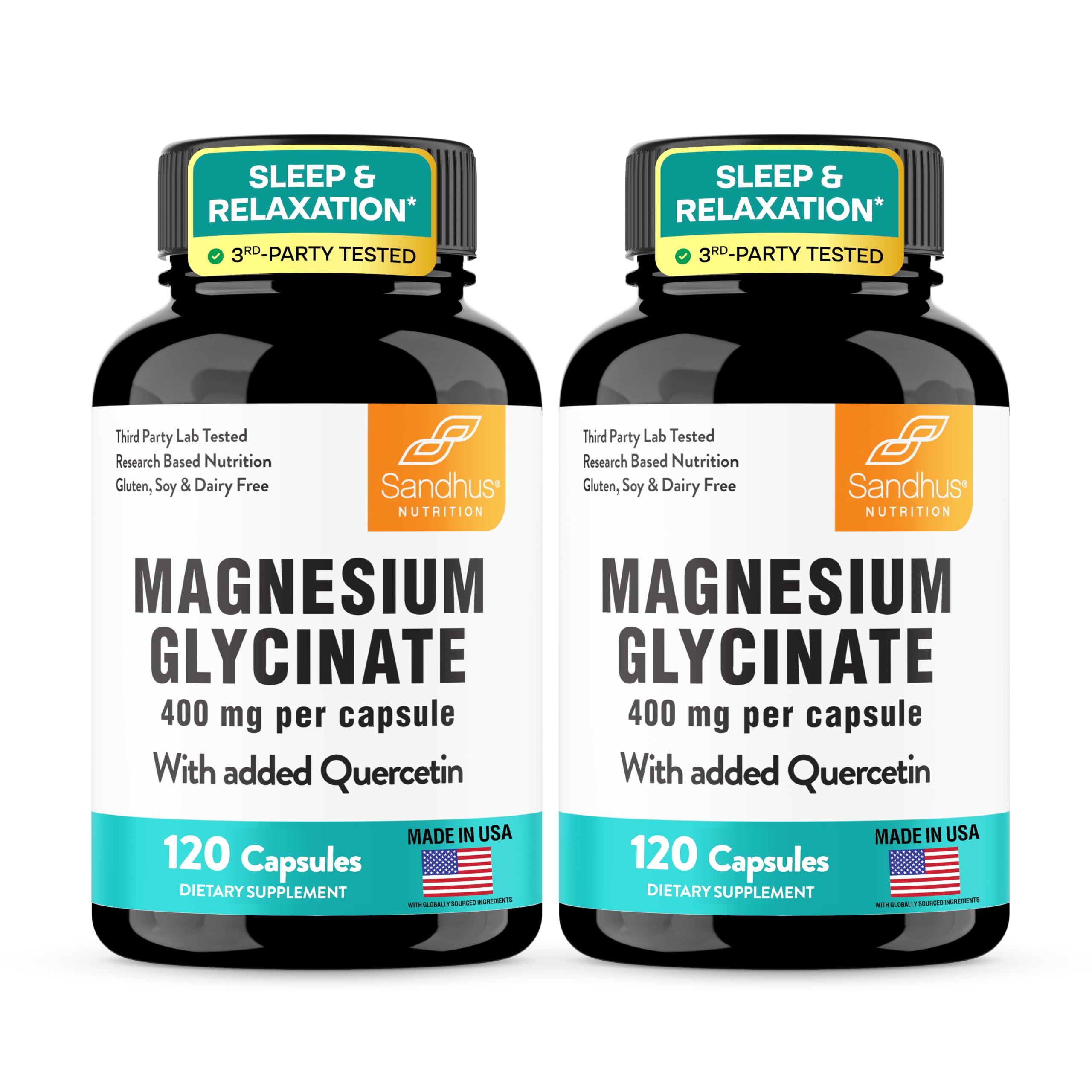 Magnesium Glycinate 400mg Capsules with Quercetin for Men & Women 240 Count 120 Count (Pack of 2) Magnesium Glycinate 400Mg with Quercetin