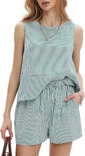 EXLURA Womens 100% Cotton Summer Two Piece Sets Tank Tops Matching Shorts | Striped, Lightweight, Sleeveless, Elastic Waist, Beach Vacation Outfits, Resort Wear, Travel, Cruise, Casual, with Pockets