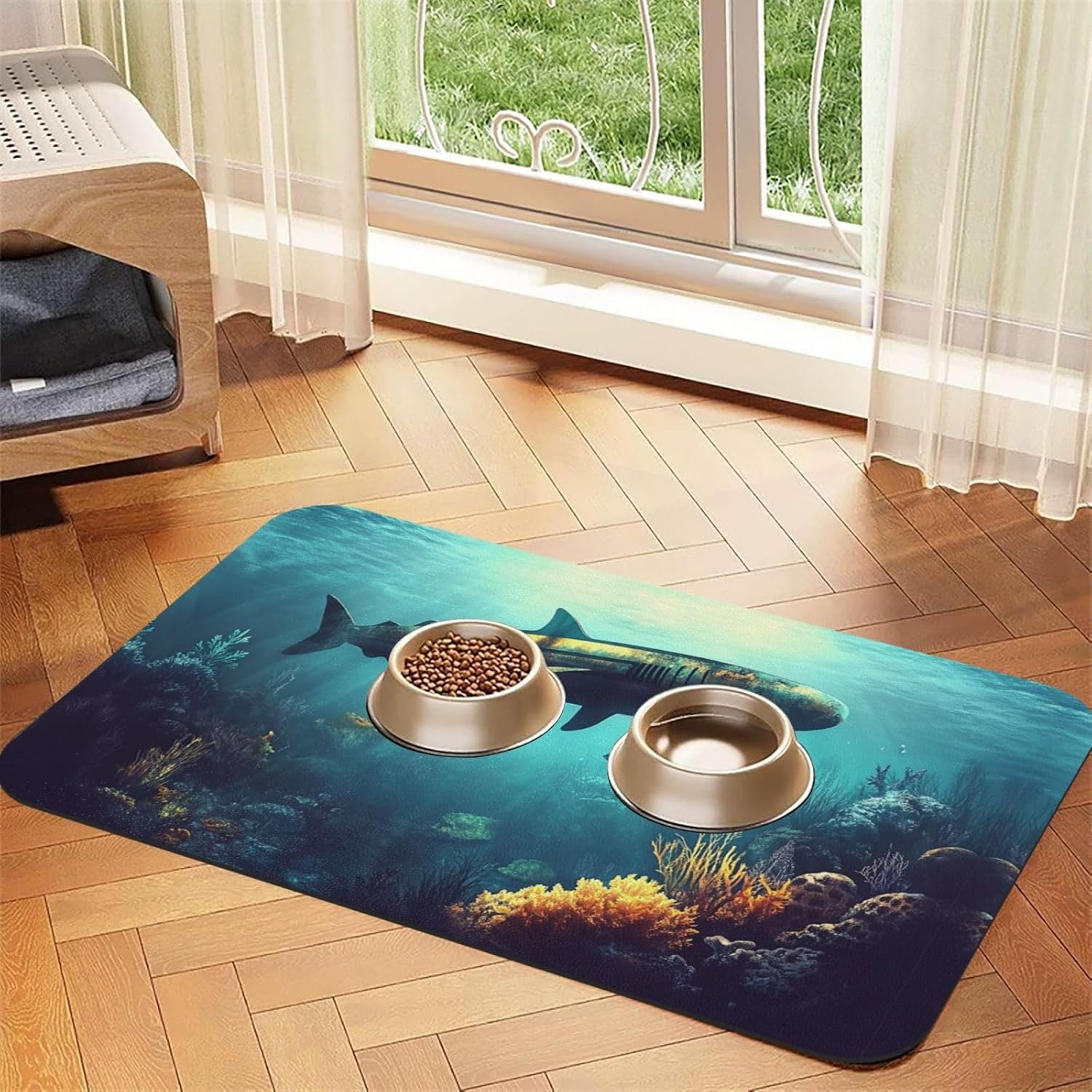 Underwater Environment Pet Feeding Mat Dog Cat Eating Food Absorbent Leather Tablecloth for and Water Bowl Waterproof No Stains Quick Dry Non-Slip 23.62 * 15.75IN