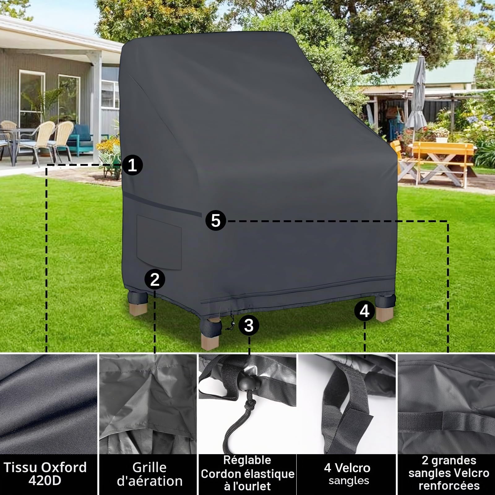 Housse de Chaise de Jardin 2 pièces, Housse pour Fauteuil 89x97x74cm, Housse de Protection pour chaises Extérieur, Tissu Oxford 600D Imperméable, bâche pour chaises de Balcon (Gris foncé)