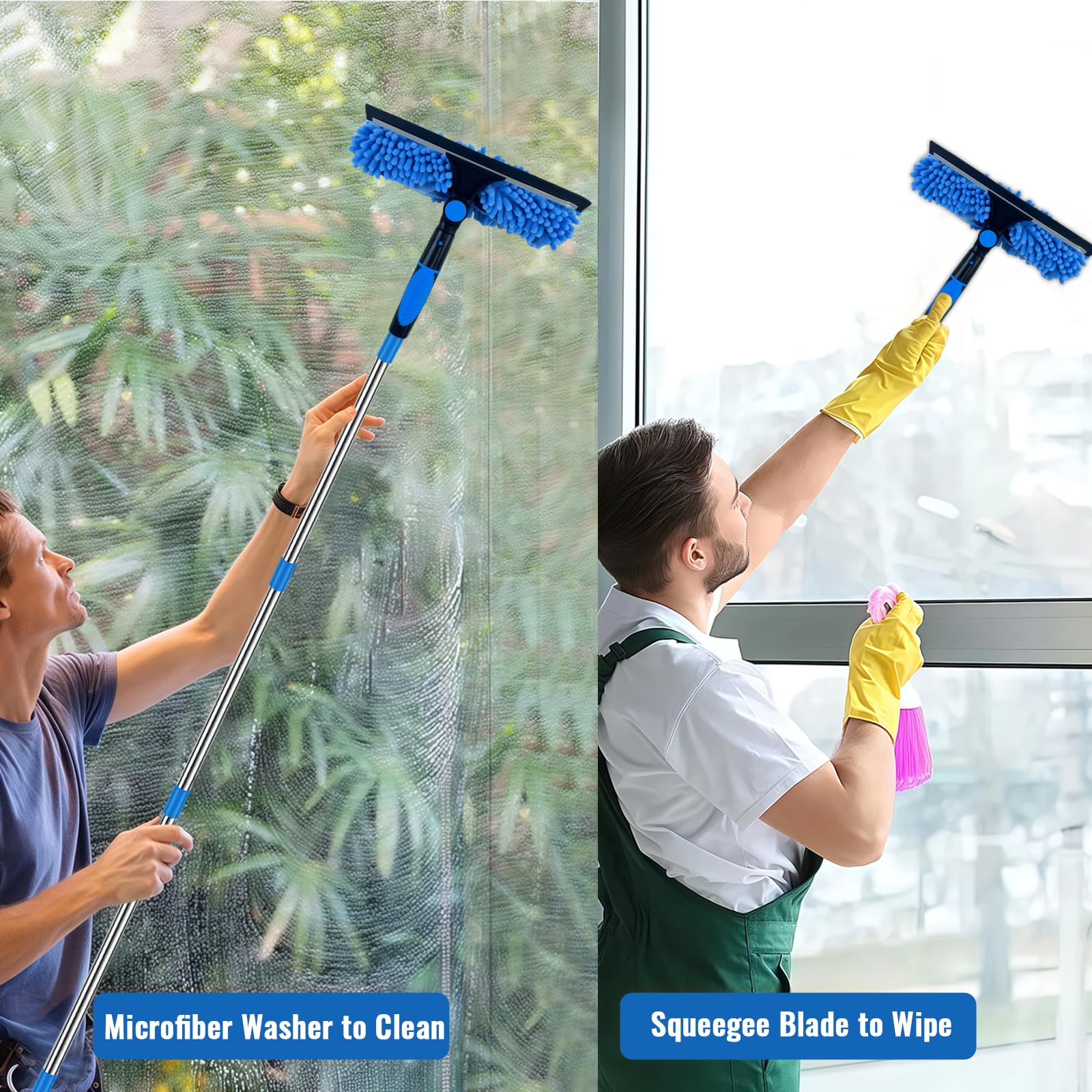 Kit de limpieza de ventanas extensible de 450 cm, limpiador profesional de cristales con paños de microfibra y chenilla, mango telescópico, limpiador de ventanas sin rayas