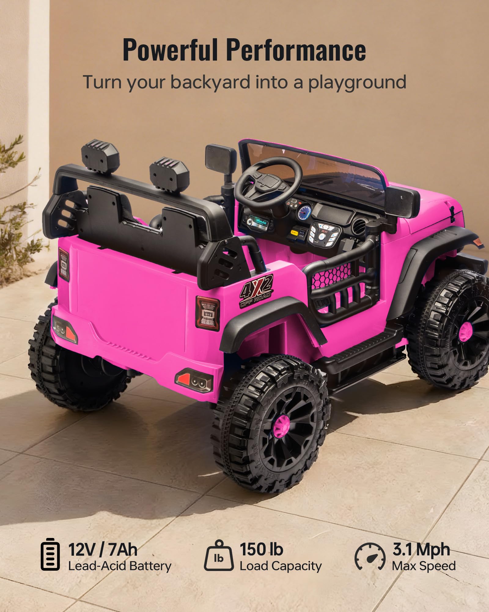 2 Seater Ride on Car Toy, 12V Electric Car for Kids 4-8 with Remote Control, Capacity 150 lb, LED Light - Hot Pink