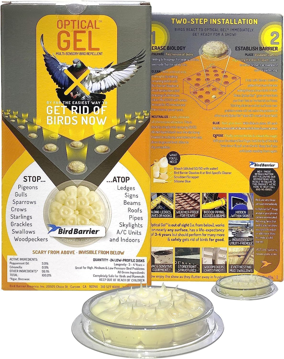 Bird Barrier Optical Gel (24 Pack) Multi-Sensory Bird Repellent. Seen as Dishes of Fire that scares birds away. Humane Alternative to Bird Spikes. Effective as a Woodpecker, Pigeon and Bird Deterrent