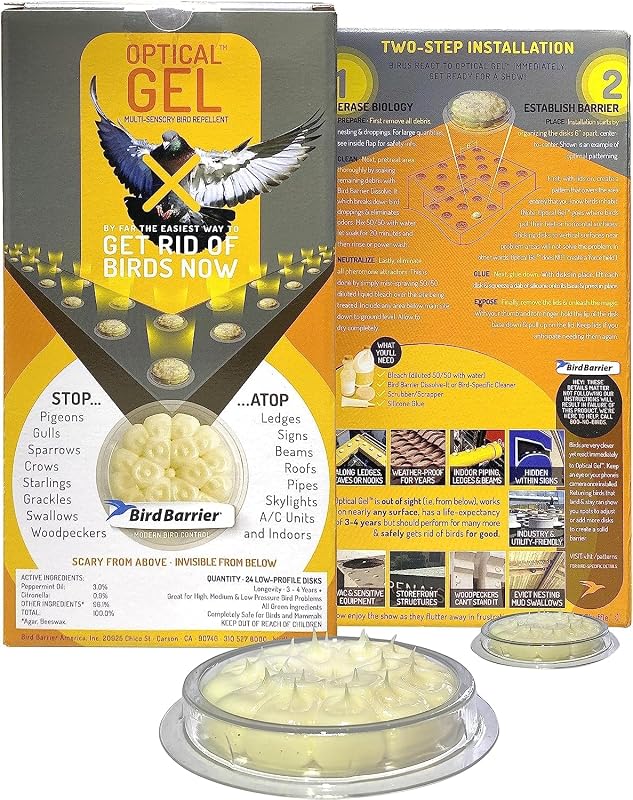 Gel óptico repelente de barrera de pájaros, paquete de 24 | Disuasivo natural multisensorial de aves para techos, vigas, letreros, plafones, repisas y más | Fácil instalación | Apariencia discreta | Solución duradera