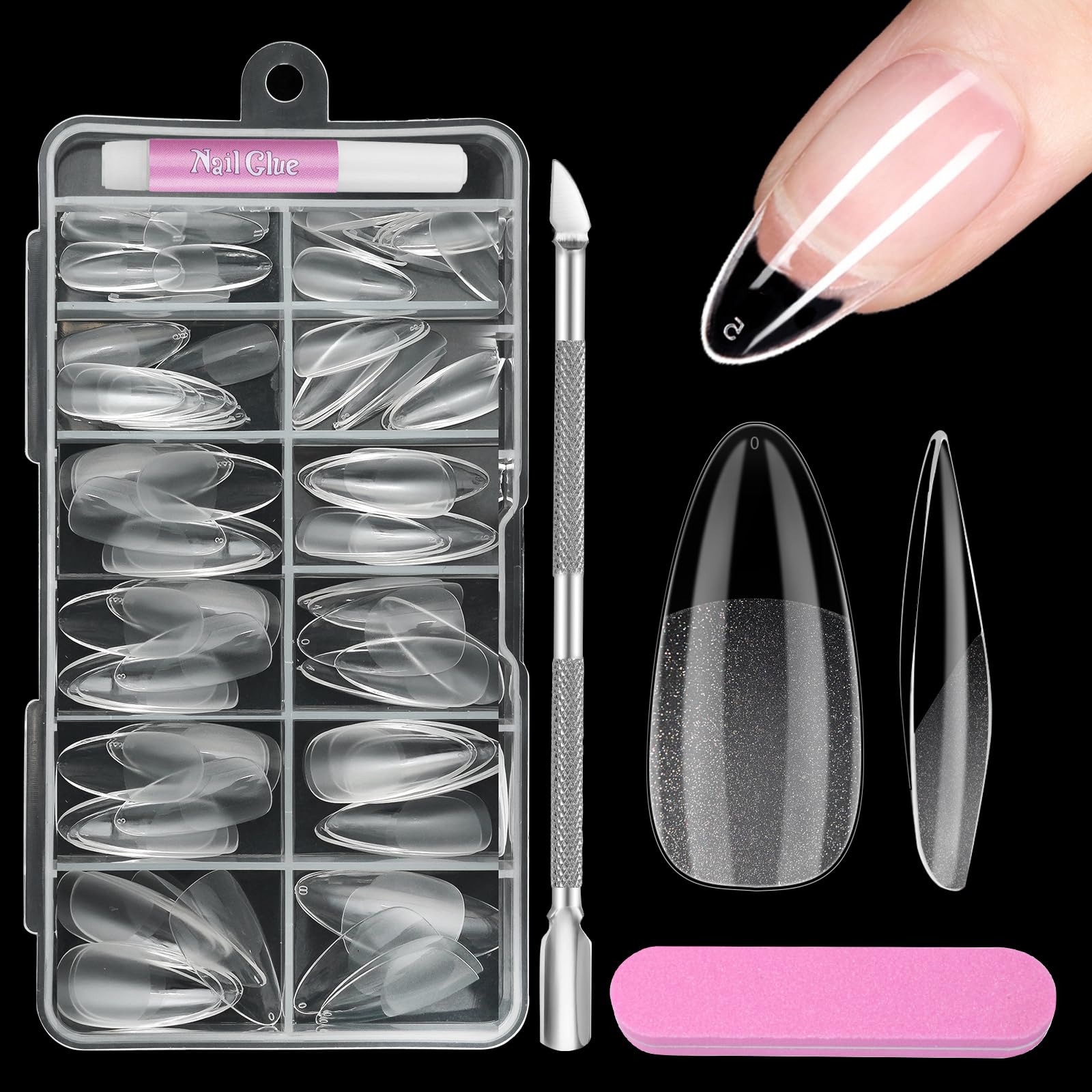 Tips Uñas Postizas Almendra, Venares 120 Piezas Tips Uñas Acrilicas Postizas 12 Tamaños Kit Uñas Postizas y Pegamento de Uñas Empujador de Cutícula Lima Uñas, gel uñas postizas para niñas
